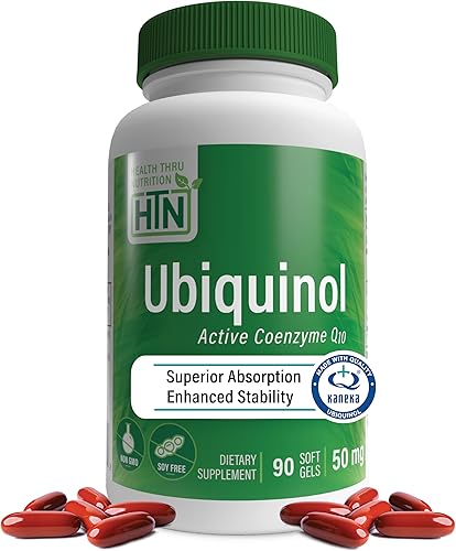 Health Thru Nutrition Ubiquinol 50 mg como Kaneka QH Reduced CoQ-10 Estabilizado - Probado por terceros Biodisponibilidad mejorada Soporte de