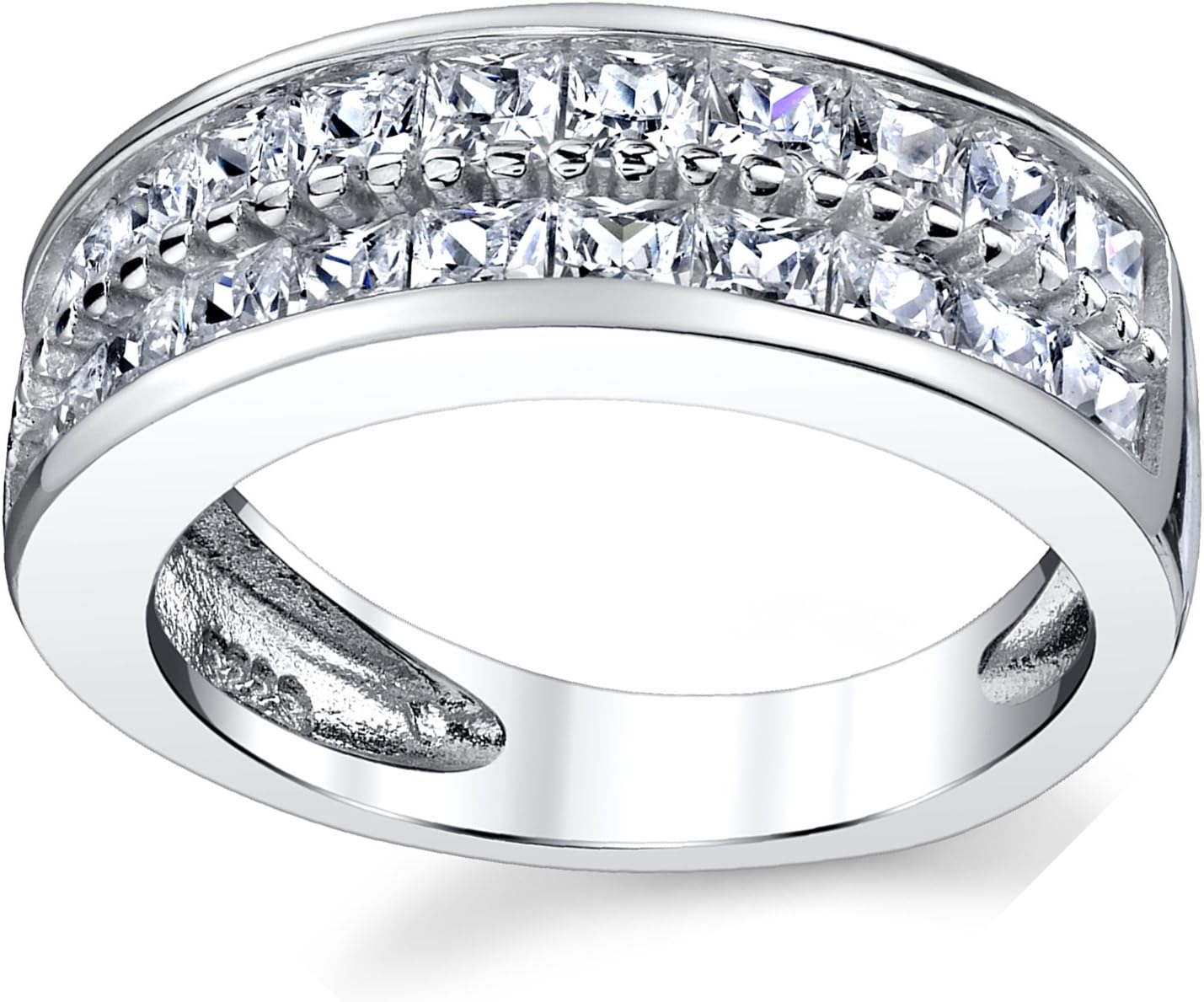 Metal Masters Double Row Princess Cut Men's Sterling Silver Wedding Band Engagement Ring with Cubic Zirconia 7.5mm Sizes 7 to 13