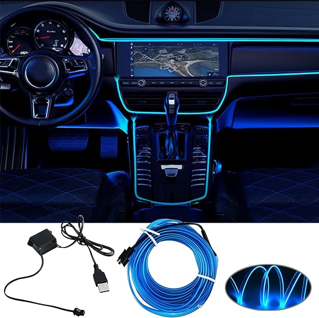 LED Samochodów Wewnętrznych, 5m LED Maszyna z portem USB, DC 12V Paski LED Samochodu Zestaw Elektroluminescencyjny Światła, Taśmy LED Samochodu do Drzwi Konsoli Seat Dekoracji (niebieski)