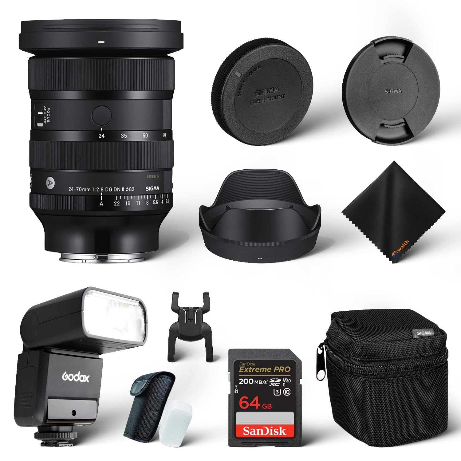 Sigma 24-70mm f2.8 DG DN II Art Lens Sony E, Full Frame Format, Six SLD Elements, Rounded 11-Blade, Godox Flash TT350S Mini, 64GB Extreme PRO Memory