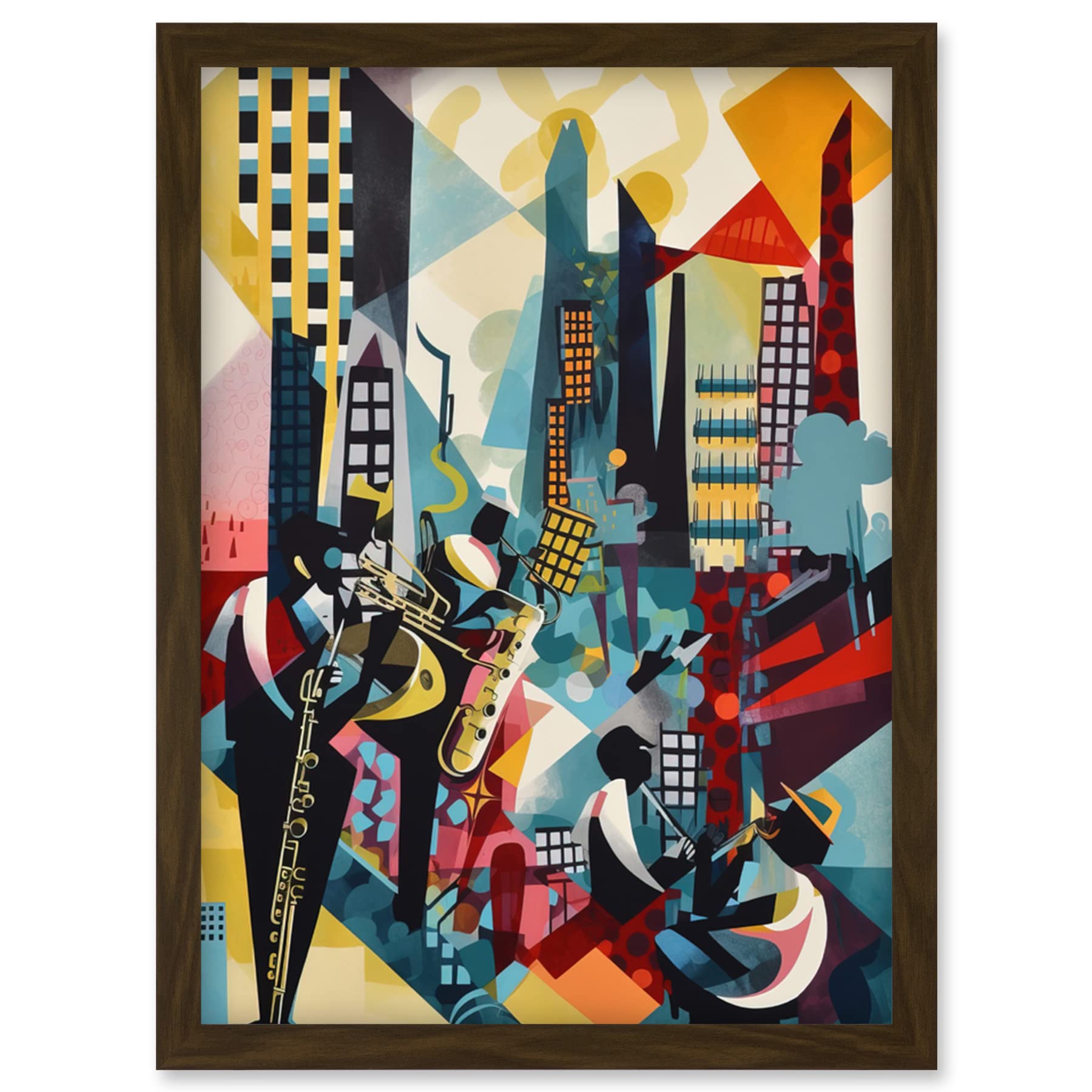 Artery8 Framed Watercolour Print - Jazz Musicians Urban Rooftop A4 Wall Art