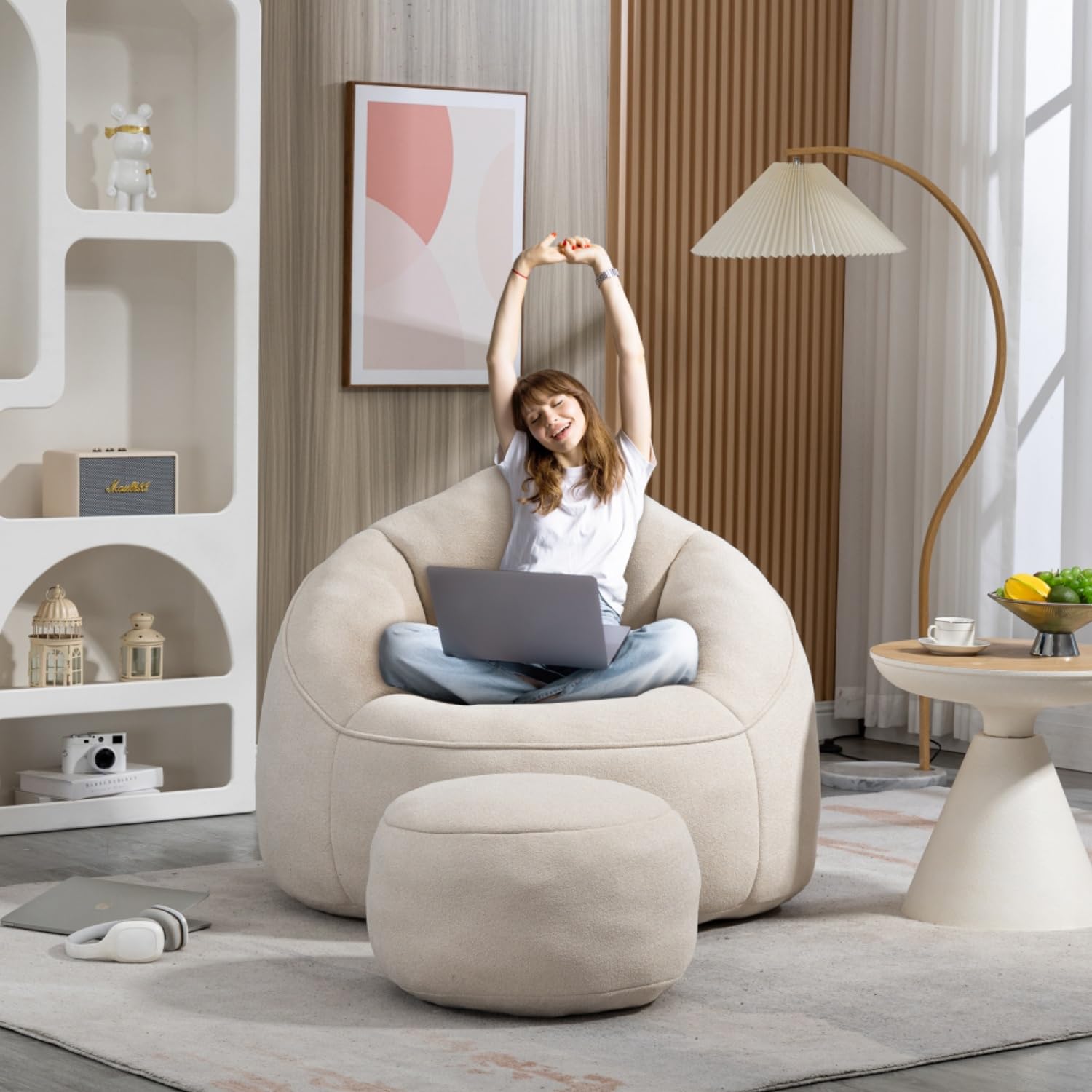 HMFULE Bean Bag Chair with Ottoman, Comfy Bean Bag Sofa Chair, High Pressure Foam Lazy Sofa, Modern Accent BeanBag Chairs for Living Room, Bedroom, Beige