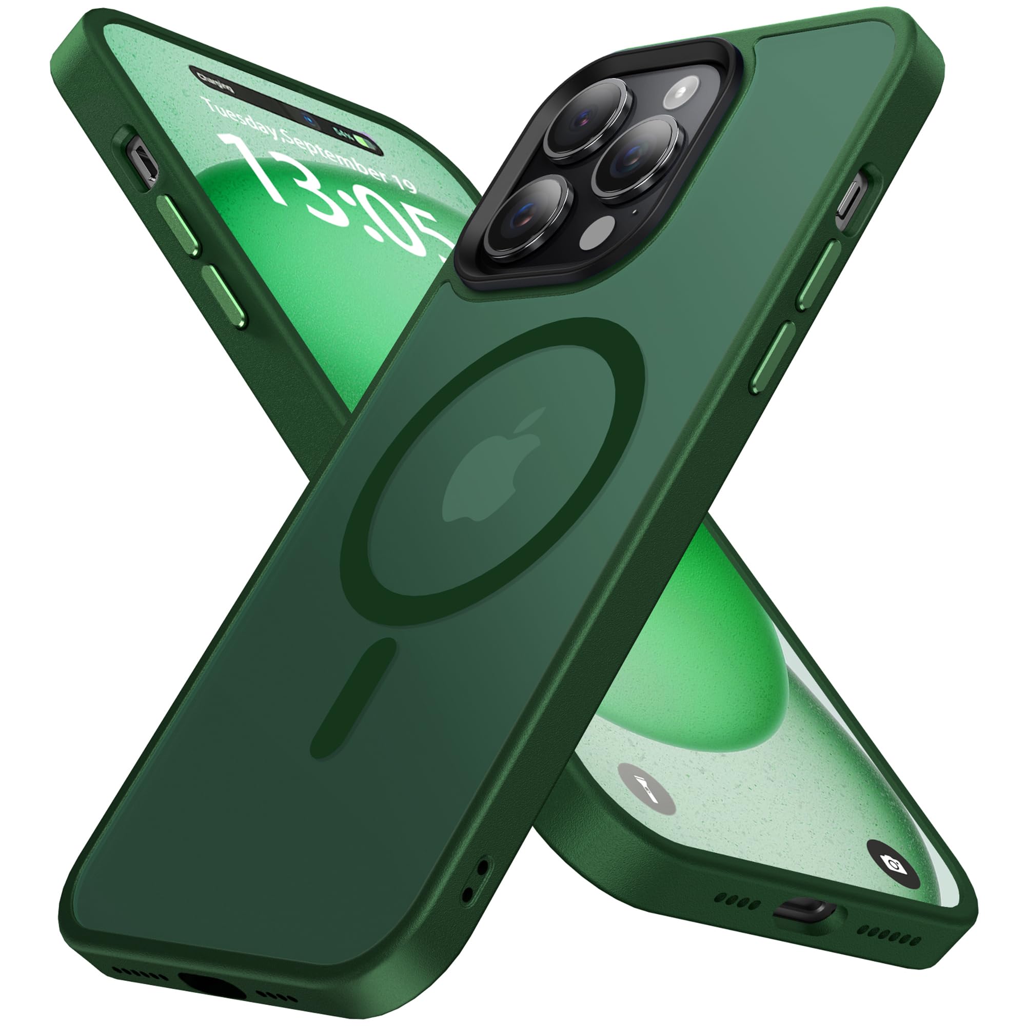 shehemeMagnetic for iPhone 14 Pro Case,with 3 Lens Protectors [Compatible with MagSafe] [Military-Grade Protection] Shockproof Translucent Matte Case for iPhone 14 Pro Case,Deep Green