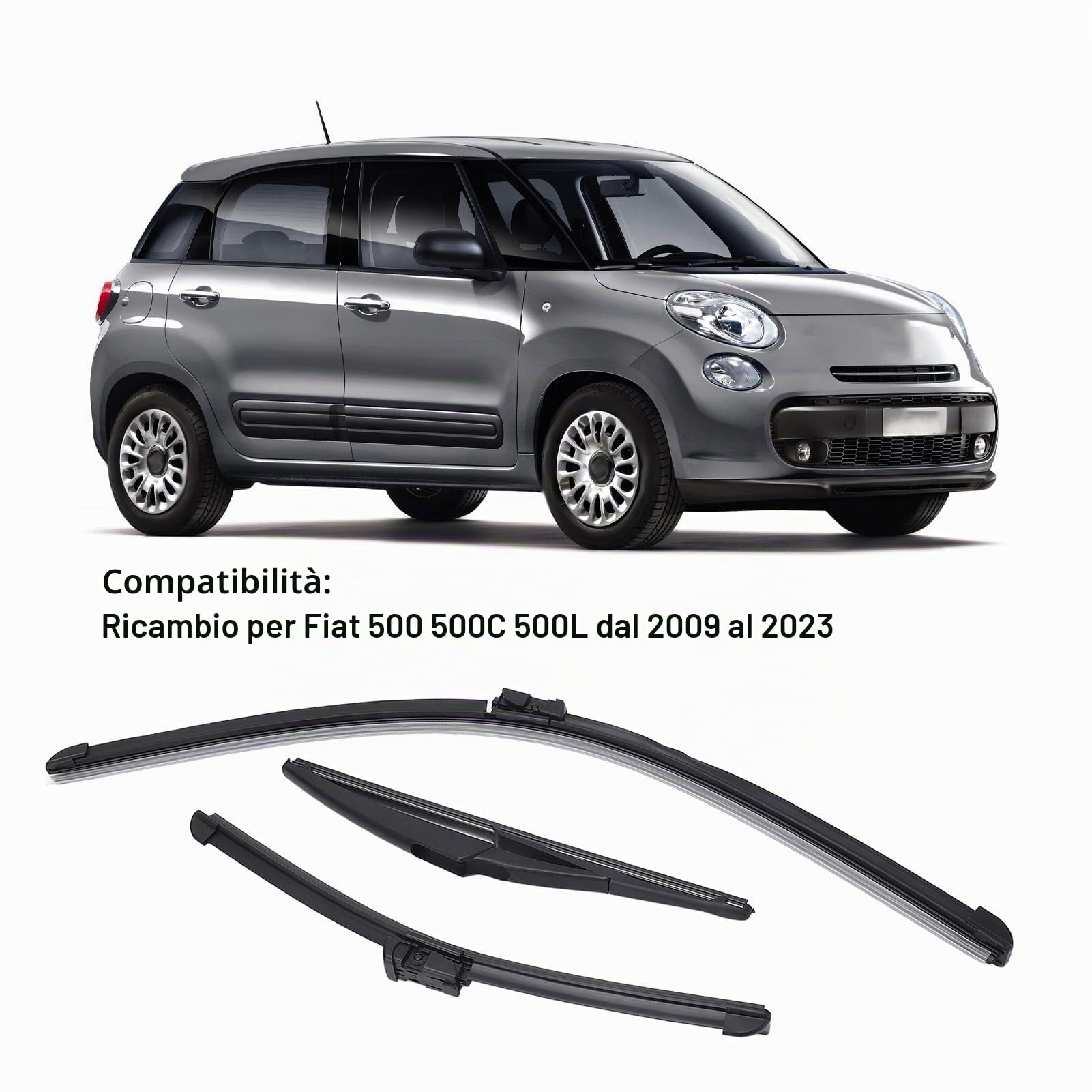 Sostituzione delle Spazzole dei Tergicristalli per Fia t 500 500C 500L 2009-2023, Set di Spazzole dei Tergicristalli Anteriori e Posteriori (confezione 3)