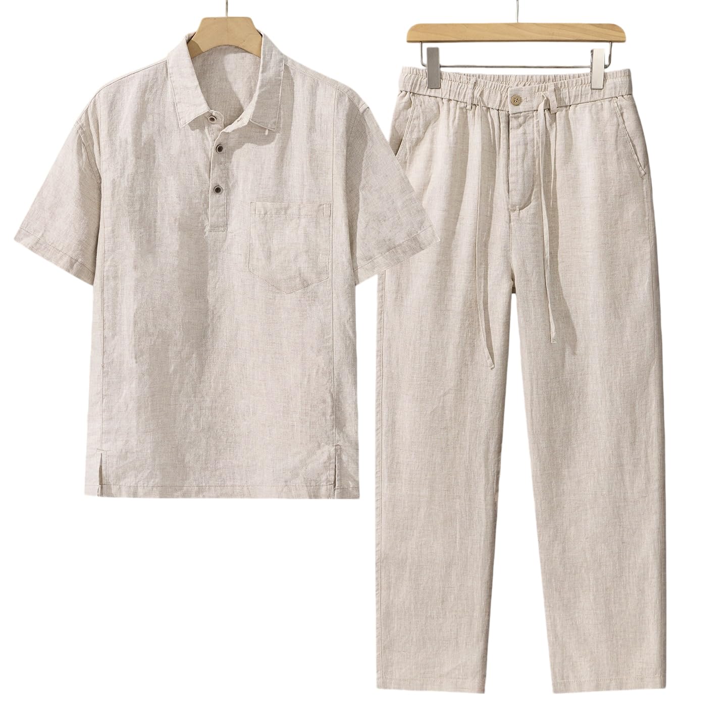 Set da 2 pezzi da uomo in lino con maglia e pantaloni larghi | Abbottonatura Henley, maniche corte, coulisse in vita, pantaloni a gamba dritta