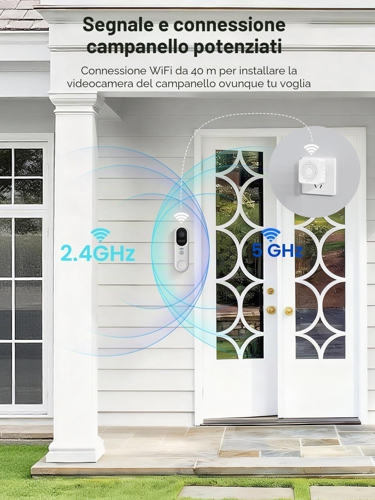 Hiseeu Campanello Video Wireless 2K–Avviso Istantaneo, Audio Bidirezionale, Rilevamento Movimento PIR, Visione Notturna Colori, Batteria Ricaricabile,WiFi 2.4G/5GHz,Richiede il kit