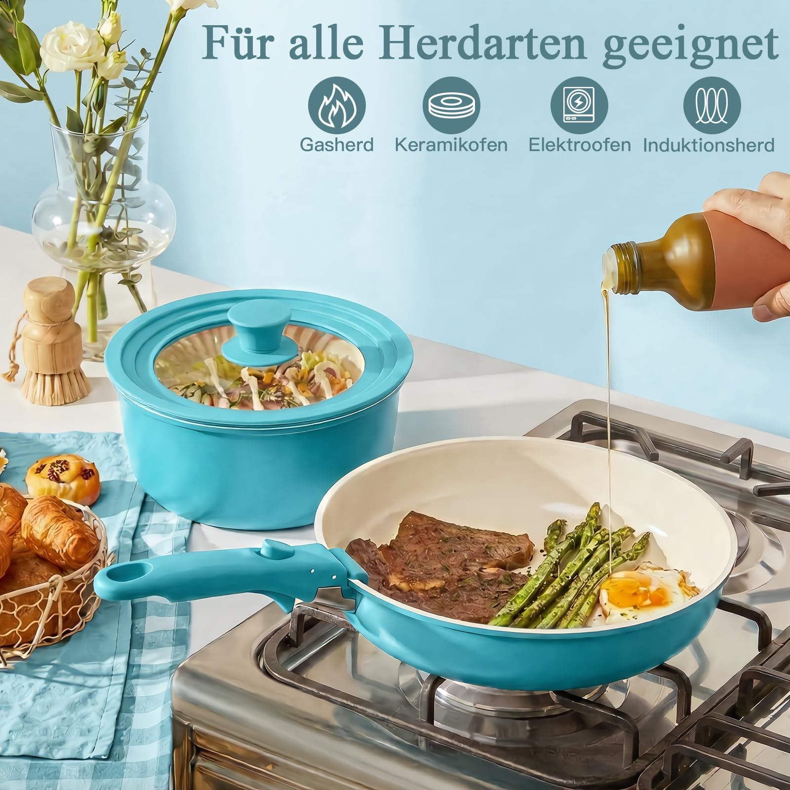 GiPP 21-Teiliges plus Pfannen Set Topfset mit Abnehmbarer Griff, Pfanne Set mit Antihaft Beschichtet, Stapelbar Kochtopf Set, Mobiles Kochgeschirr für Alle Herdarten Ofenfest (Blauverlauf)