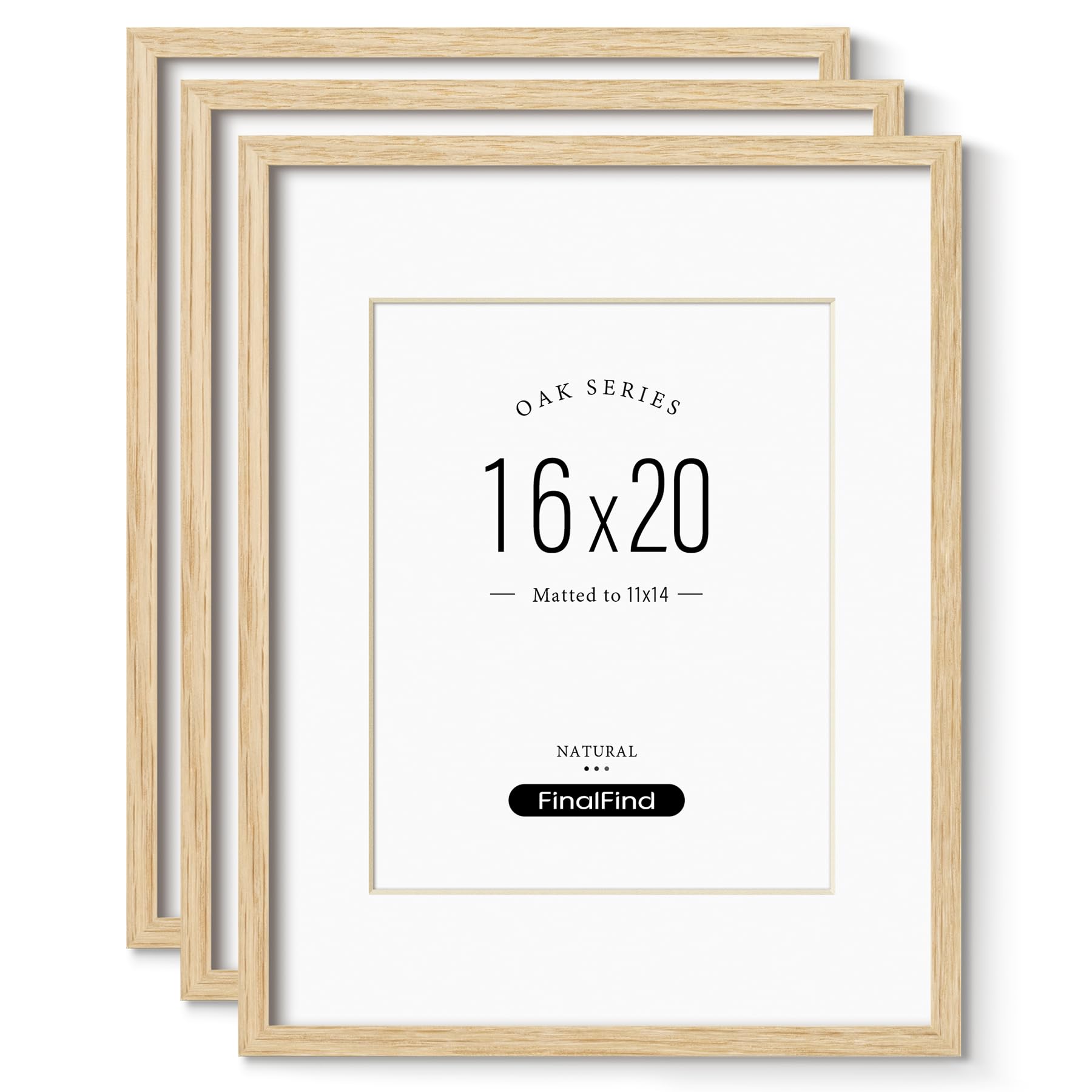 Minimalist 16x20 Frames with Mat for 11x14 Set of 3, Natural Solid Oak Wood 16x20 Frame, Lightweight for Wall Mounting(3 Pack, Oak)