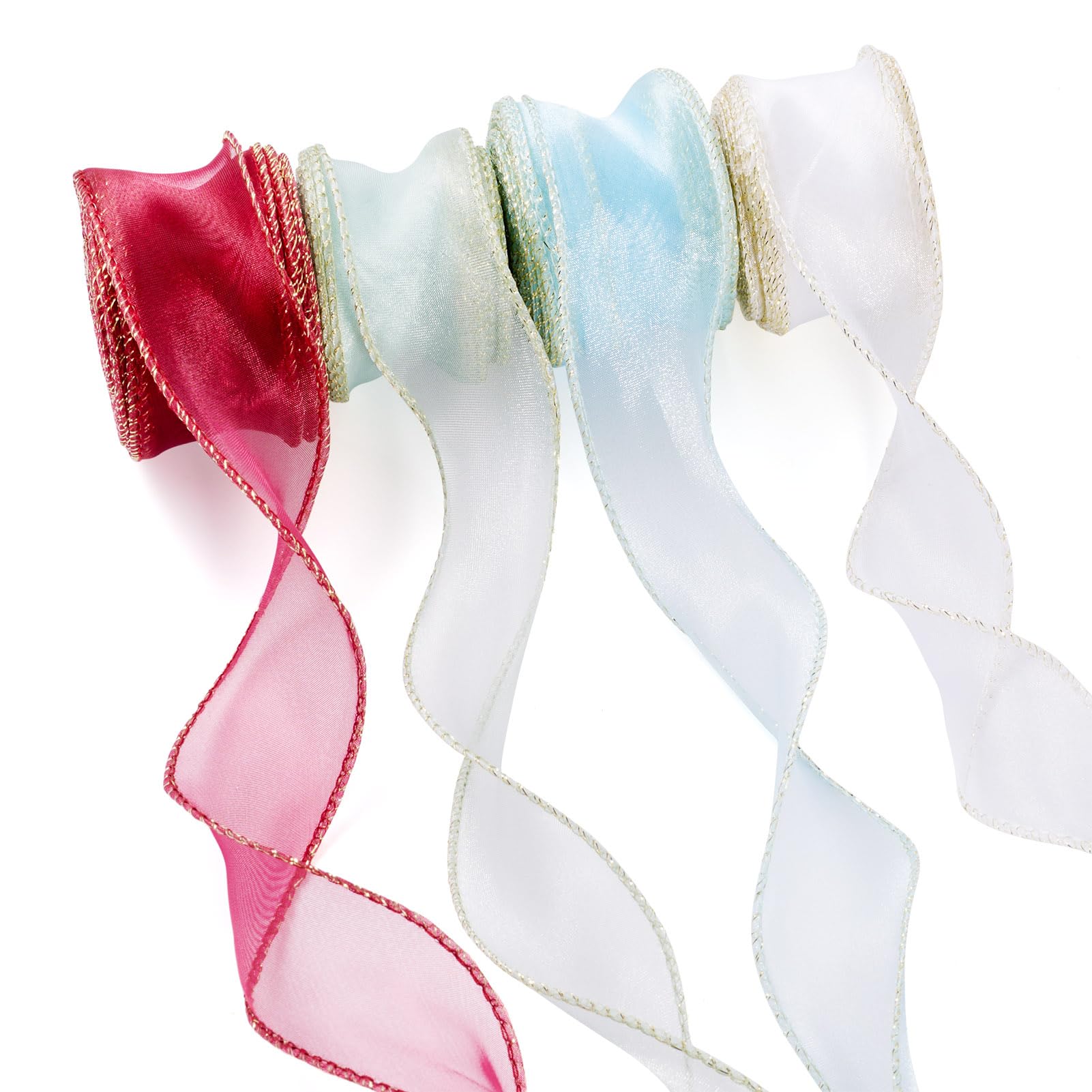 Spritewelry 4 Colors Shimmer Sheer Organza Ribbon Iridescent Fishtail Yarn Wired Chiffon Ribbon for Bouquets Wedding Party Decor Gift Wrapping Bow Making