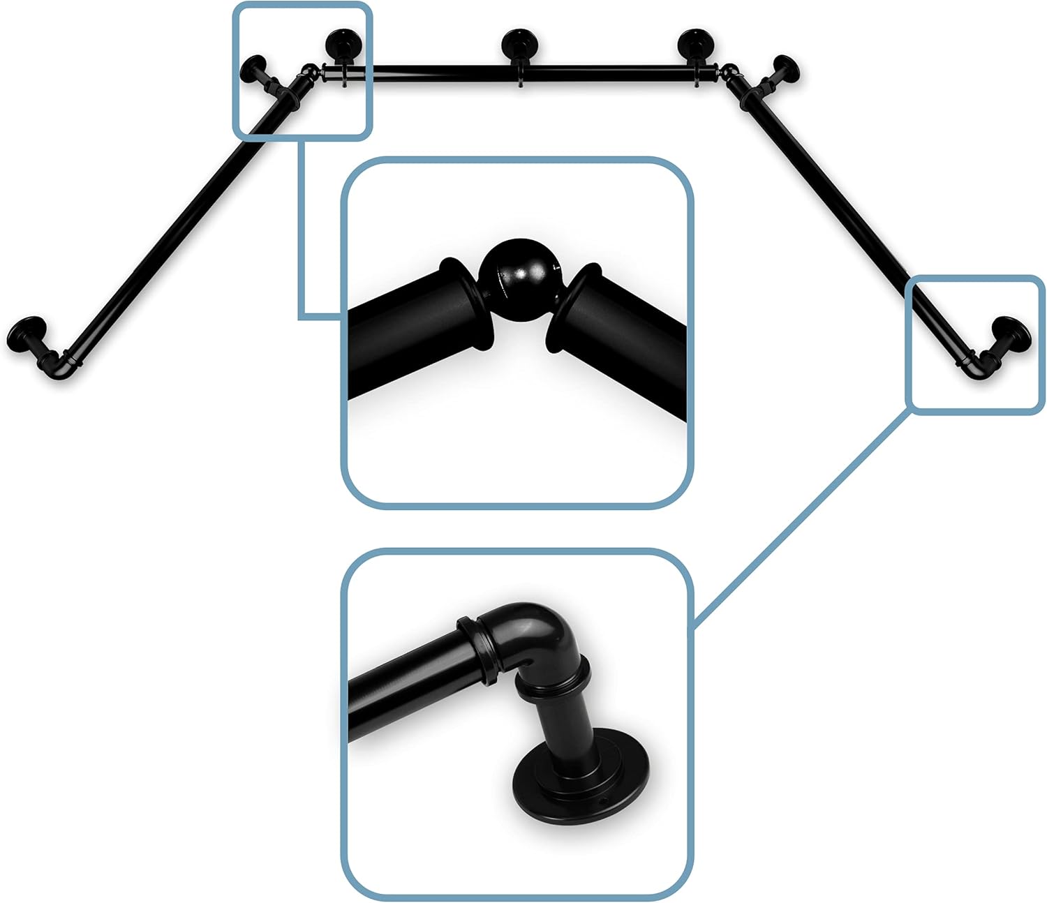 Rod Desyne 1 Inch Pipe Bay Window Curtain 23" 41"-78"-Black Single Rod Set