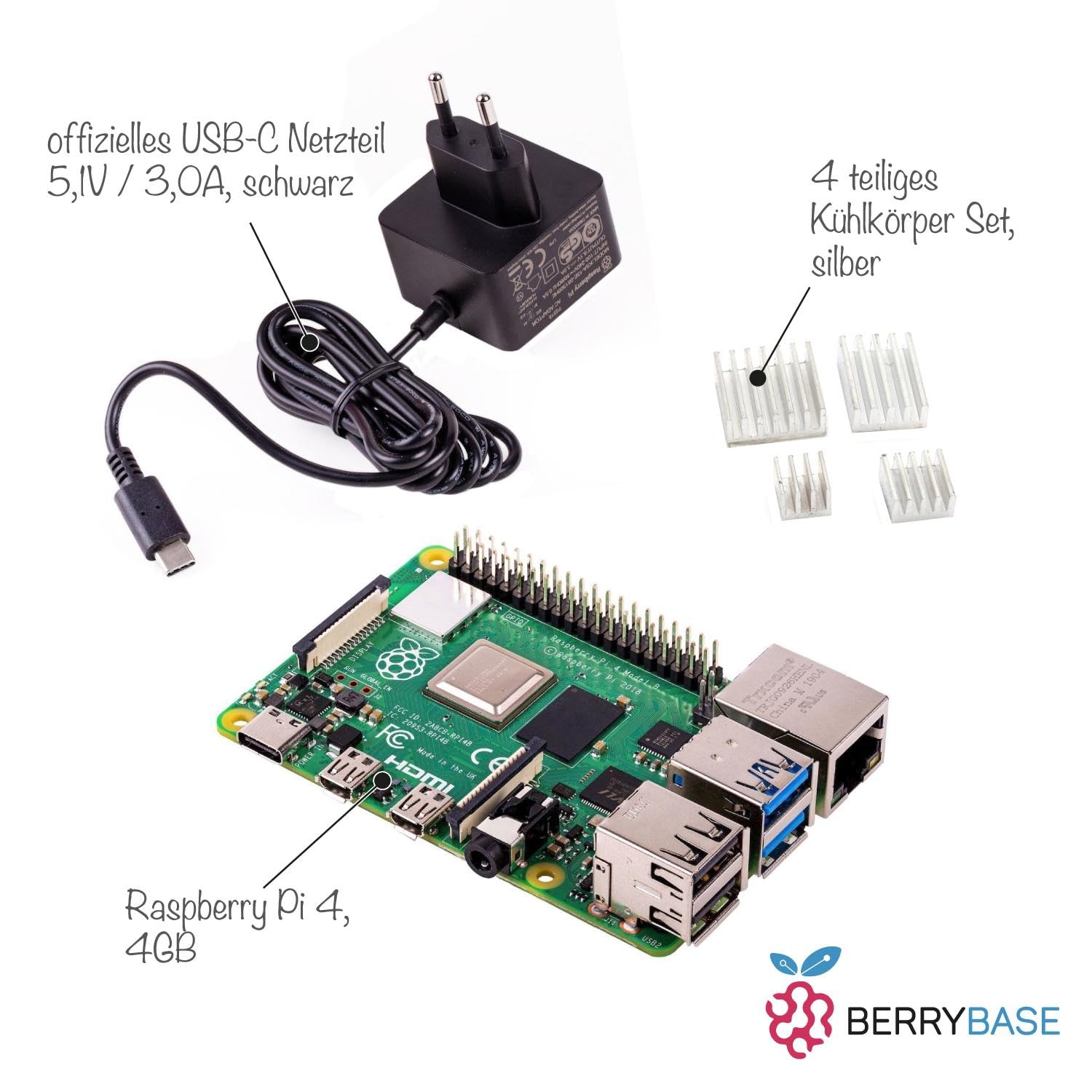 Raspberry Pi 4 Modell B 4GB RAM Komplett-Set mit offiziellem USB-C Netzteil und Aluminium Kühlkörper – Quad-Core 1,5 GHz, Dual 4K HDMI, WLAN, Bluetooth, Gigabit Ethernet, USB 3.0