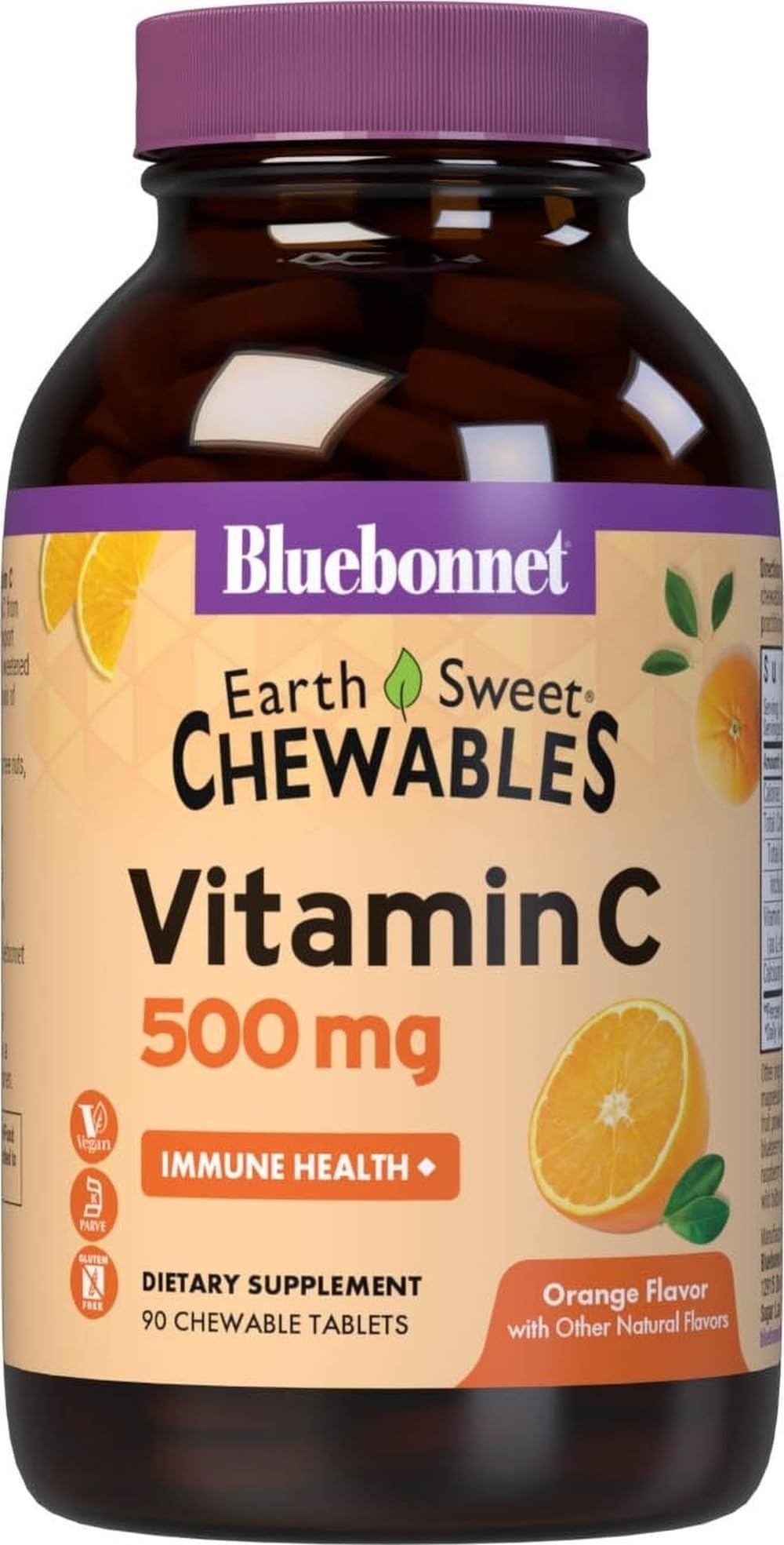 Bluebonnet Nutrition EarthSweet Vitamin C 500 mg Powerful Antioxidant Protection & Immune Health Support Supplement - Maximum Absorption - Gluten-Free, Vegan - Flavor - Chewable Tablets Orange, 90 Count (Pack of 1)