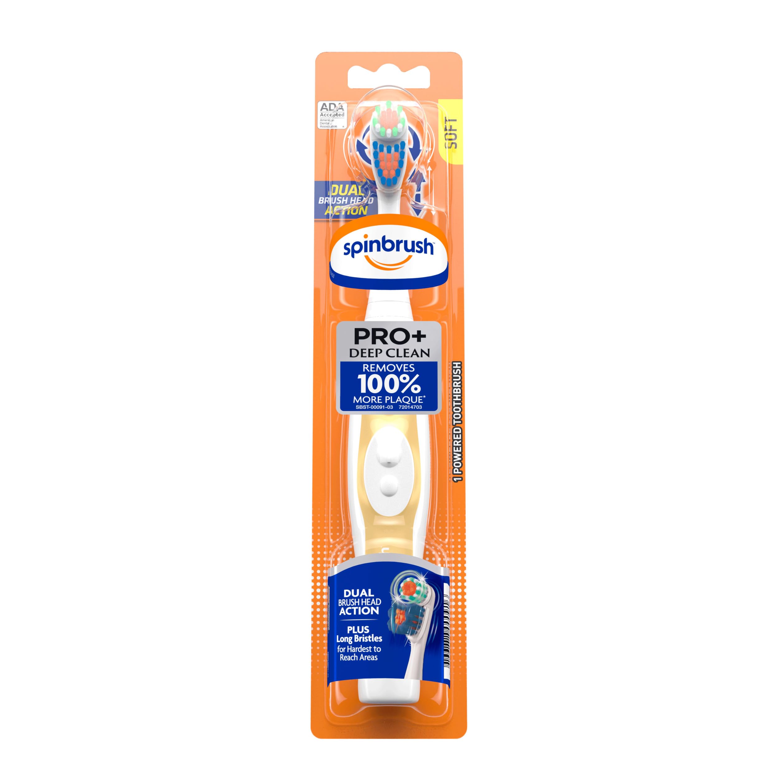 SpinbrushARM & HAMMER PRO+ Deep Clean Battery-Operated Toothbrush – Battery Powered Toothbrush Removes 100% More Plaque- Soft Bristles -Batteries Included