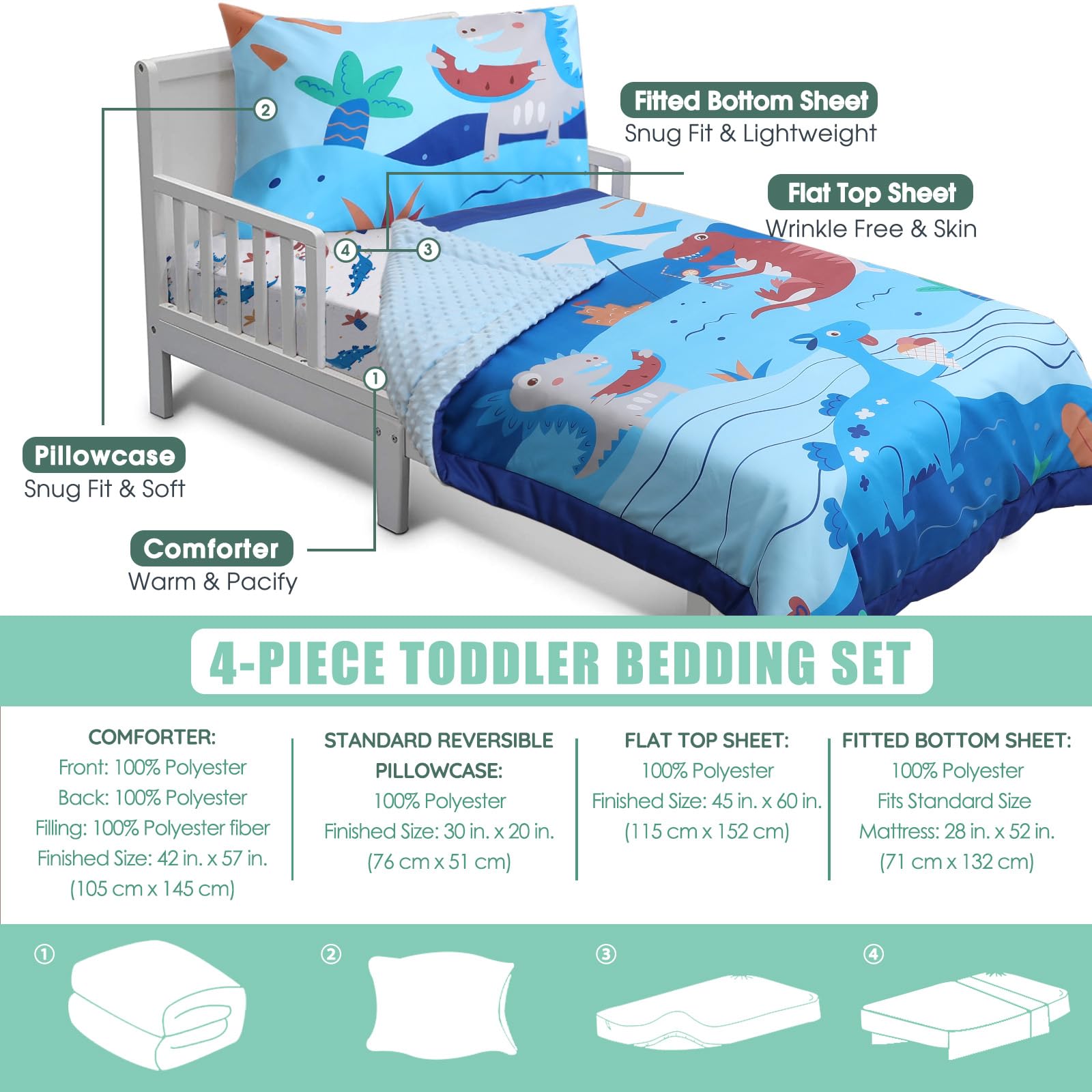 ACRABROS Juego de ropa de cama infantil de 4 piezas para niñas y niños, incluye edredón, sábana bajera, sábana encimera y funda de almohada reversible, juego de cama ultra suave, dinosaurio azul