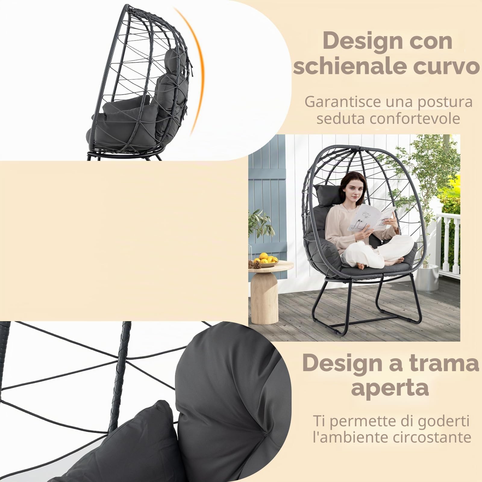 LIFEZEAL Sedia da Giardino in Rattan PE, Poltrona con Cuscino Morbido Rimovibile, Soggiorno Esterno con Supporto in Metallo, per Balcone, Veranda, Terrazza, Carico 150 kg (Grigio)