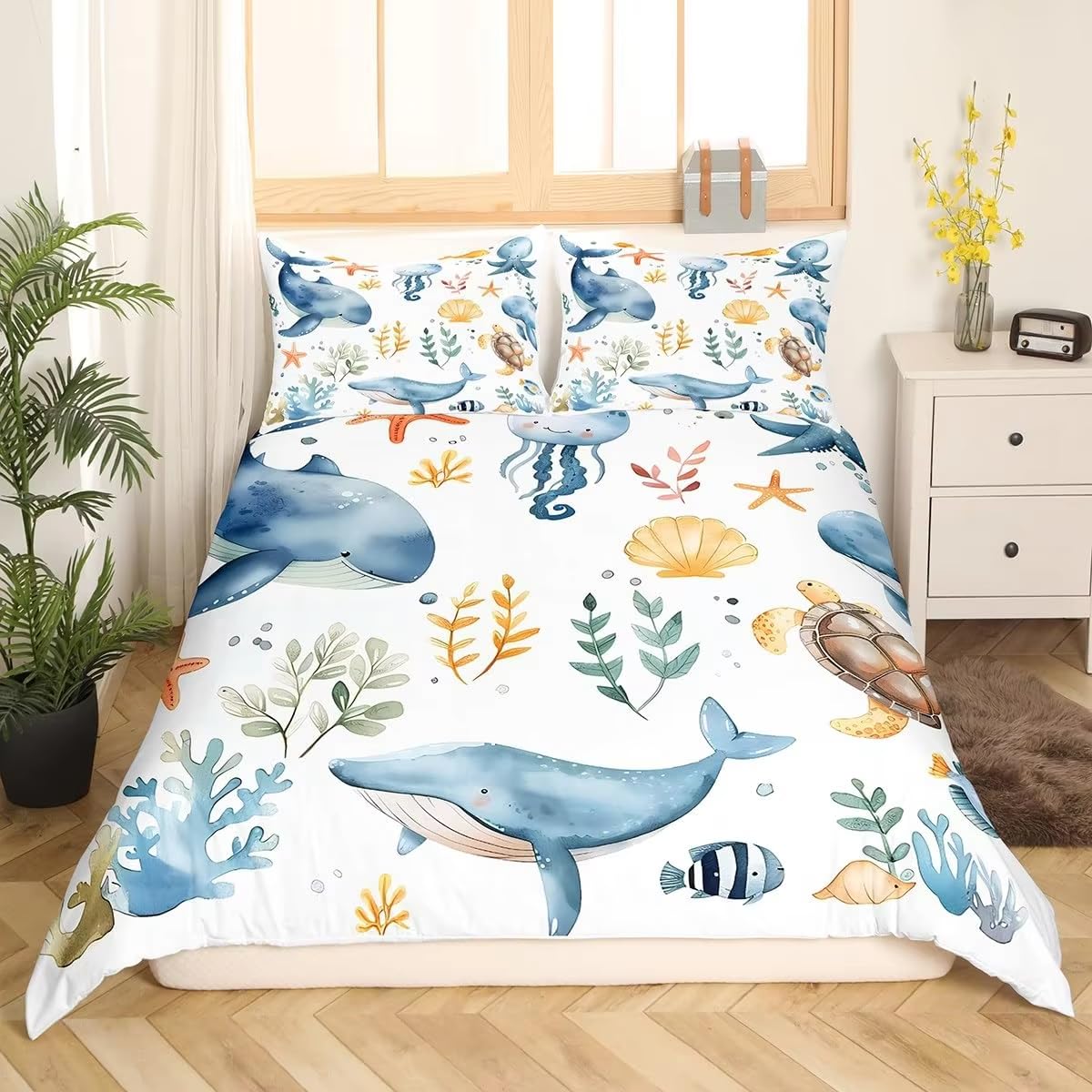 Funda Nordica Cama 90 Infantiles Ballena Azul Edredón Cama 90 para Niñas Niños con Cremallera Suave Transpirable Microfibra Fundas Nordicas 150x220 cm + 2 Fundas de Almohada 50x80 cm