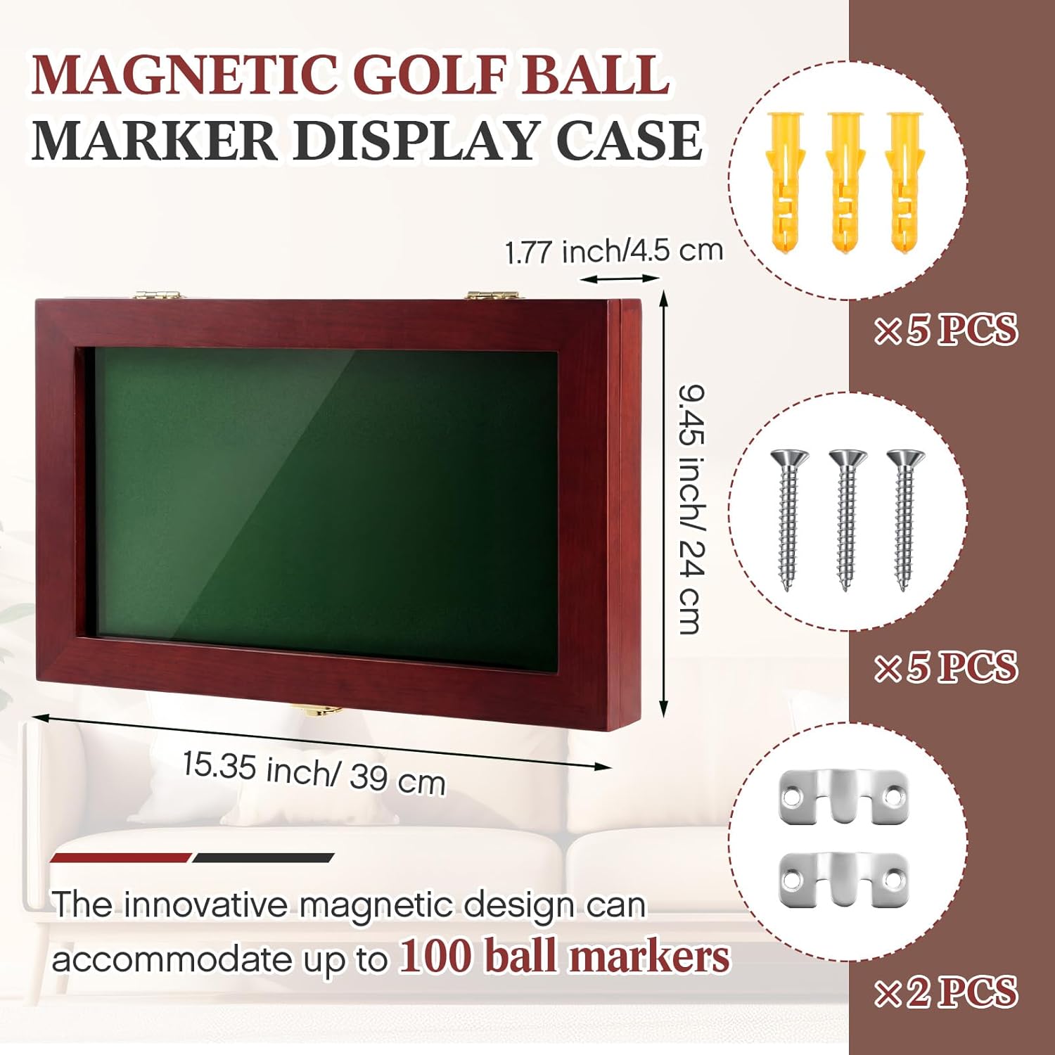 Silipull 40 Golf Ball Marker Display Case Full Magnetic Backing 15.5" W x 9.5" H Wall Mount Wooden W/98% UV Acrylic Door Lockable Storage Display Box for Ball Marker Collection