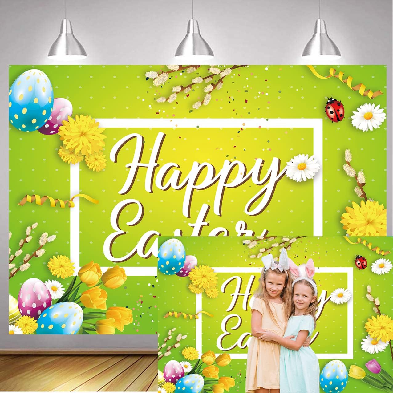 Spring Easter Backdrop Colorful Eggs Grass Wall Easter