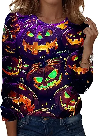 Halloween Shirts for Women Long Sleeve Plus Size Fashion Crewneck Comfortable Tshirts Halloween Costumes for Women