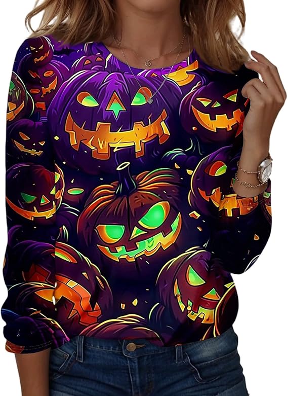 Halloween Shirts for Women Long Sleeve Plus Size Fashion Crewneck Comfortable Tshirts Halloween Costumes for Women