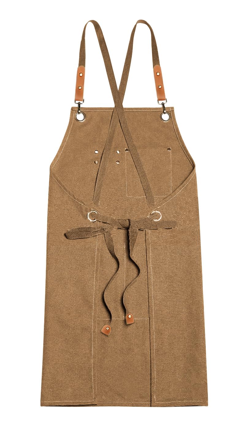 Nanxson Canvas Chef Apron for Men Work Aprons with Pockets Tool Apron for Cooking Gardening Painting, Brown - Image 2