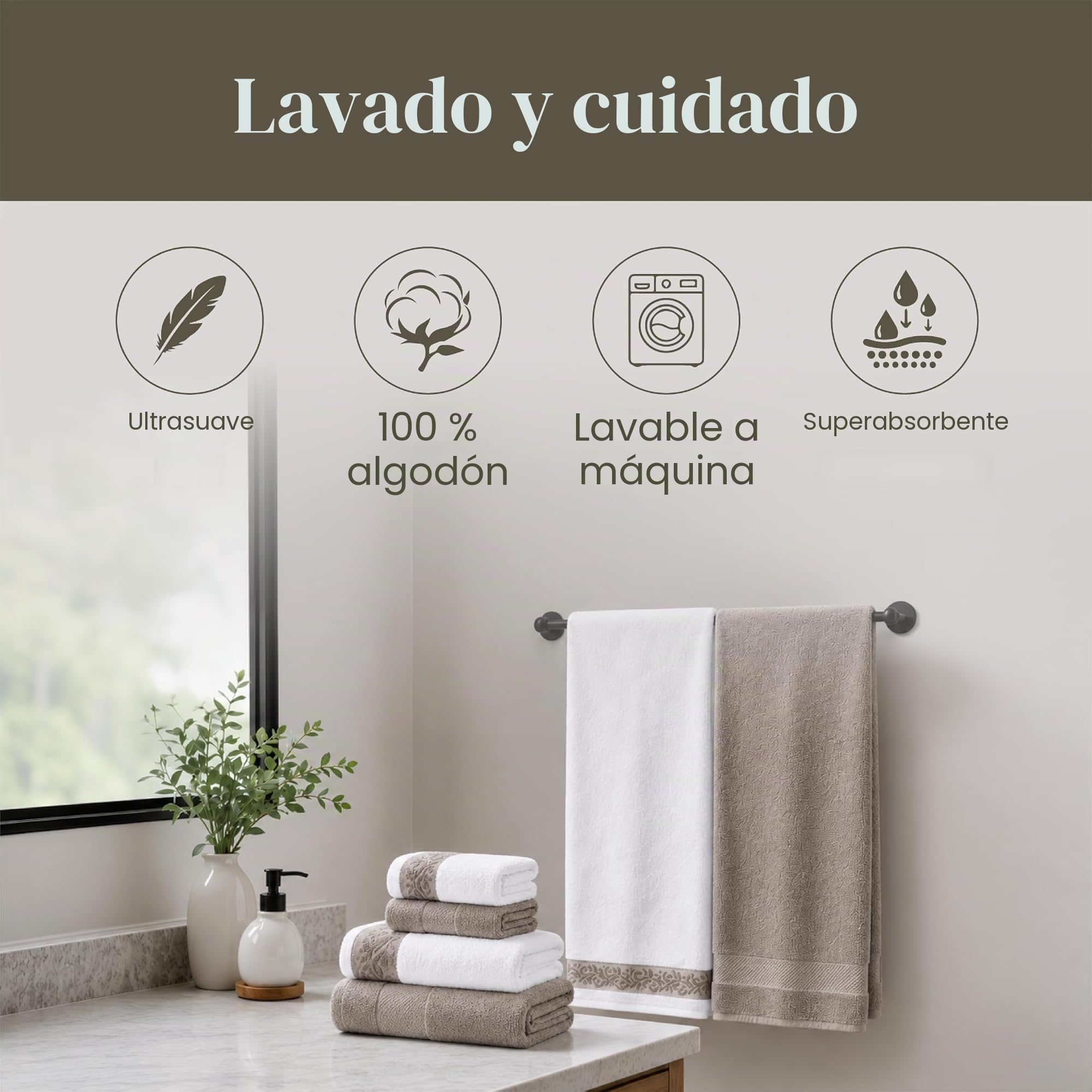 Modern Threads Juego de 6 Toallas de 600 gsm con Borde Jacquard Filgree, Color Gris Pardo