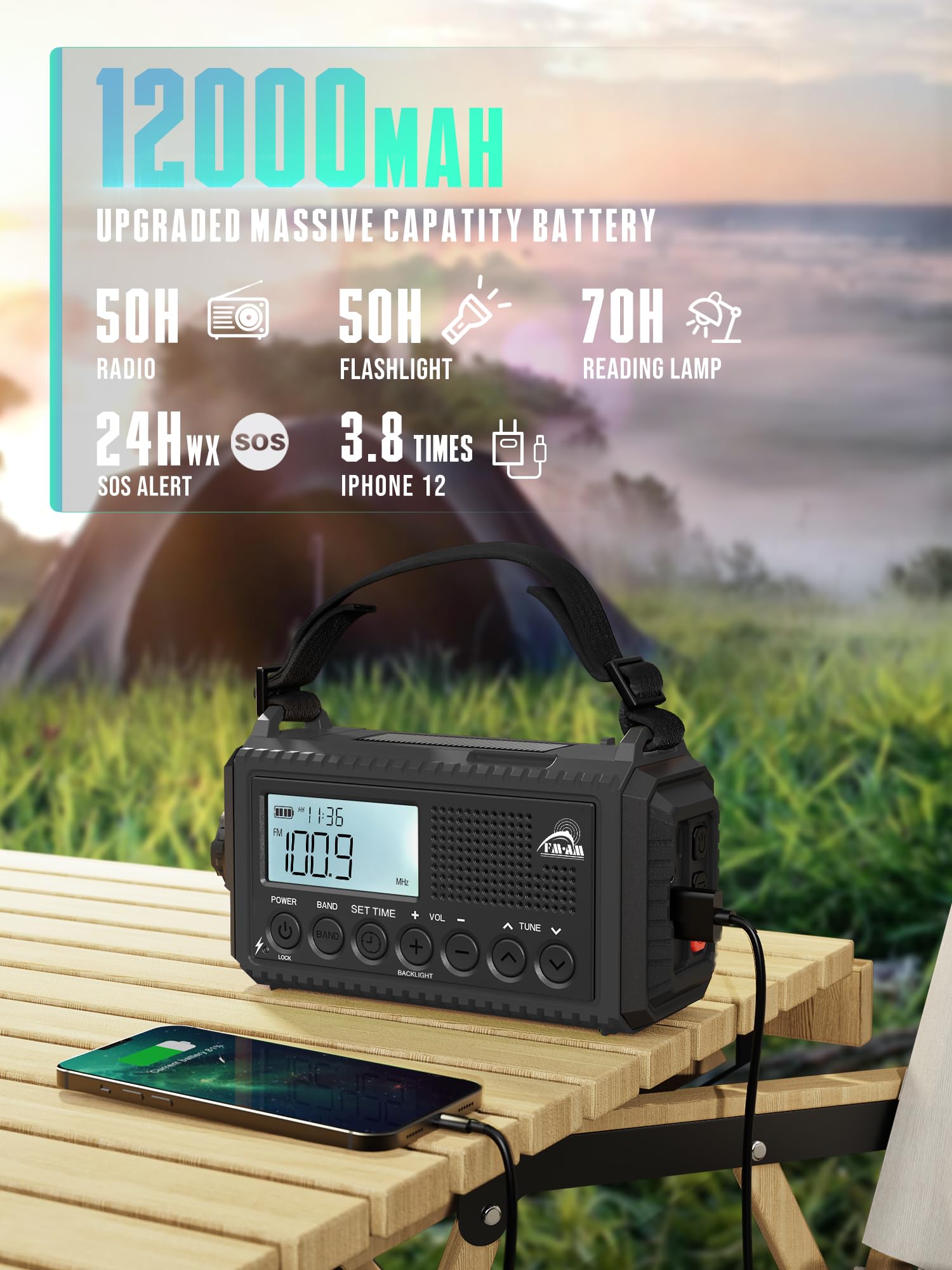 Kurbelradio mit Solar & 12000mAh Powerbank | AM/FM/SW Notfallradio, USB-C Handyladung, SOS-Alarm, Taschenlampe & Leselampe | Radio mit Weltempfänger | Wasserdicht, Tragbar für Camping, Outdoor,Schwarz