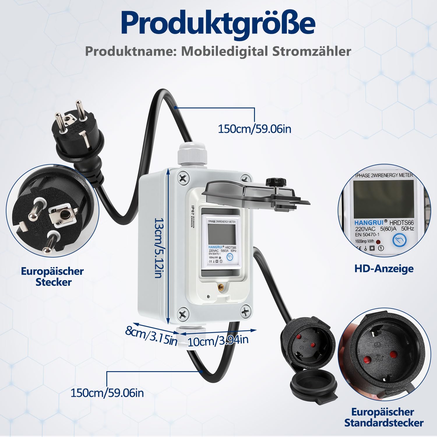 Contador de electricidad móvil de 230 V, IP67, con 2 cables de 1,5 m | Pantalla LCD con función de memoria y botón de reinicio para medición móvil