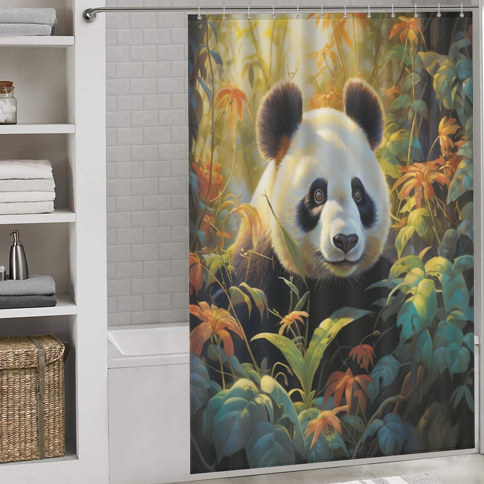 Rideau de douche panda en tissu imperméable et lavable pour salle de bain 152x183cm