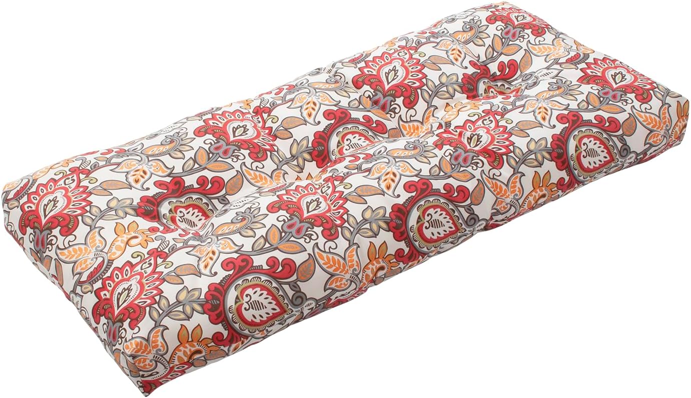 Magpie Fabrics Patio Bench Cushion 42"x18", Indoor/Outdoor Non-Slip Water Resistant Long Seat Pads, Tufted Loveseat Cushion for Swing, Settee, Window, Garden, Wicker, Front Porch (Botanical Red) Botanical Red 42 x 18 x 5 In