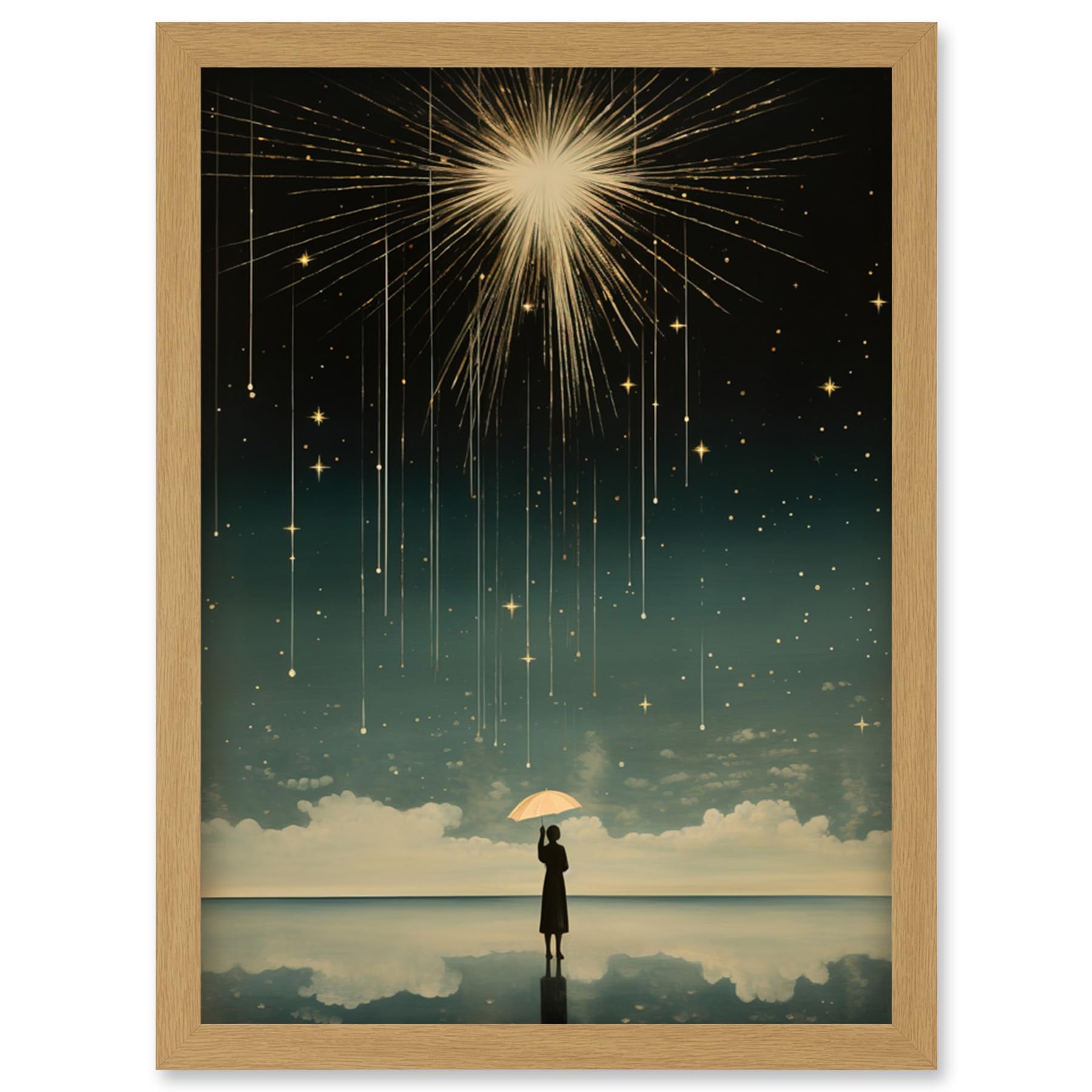 A4 Framed Wall Art Print - Falling Star Rain Dreamy Artwork - Wish Woman with Umbrella - Fairytale Dreamscape