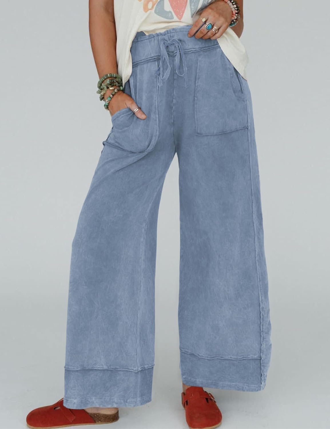 Athlisan Womens Casual Wide Leg Sweatpants Acid Wash Elastic Waisted Palazzo Pants Trousers with Pockets - Image 2