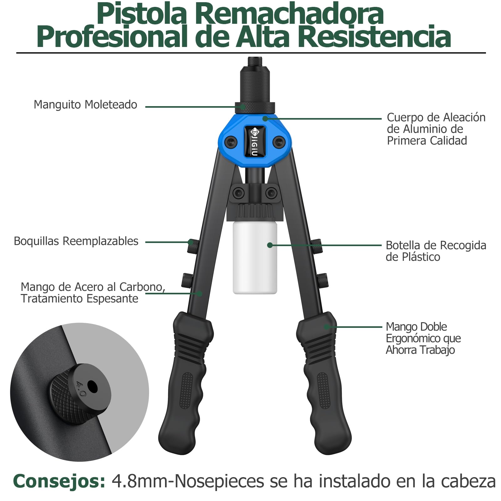 JiGiU 13" Pistola Remachadora Profesional Kit de Pistola Remachadora | con 3.2/4.0/4.8/6.0/6.4mm 200Pcs Remaches para Automoción Ferrocarril Muebles Instrumento Color Azul