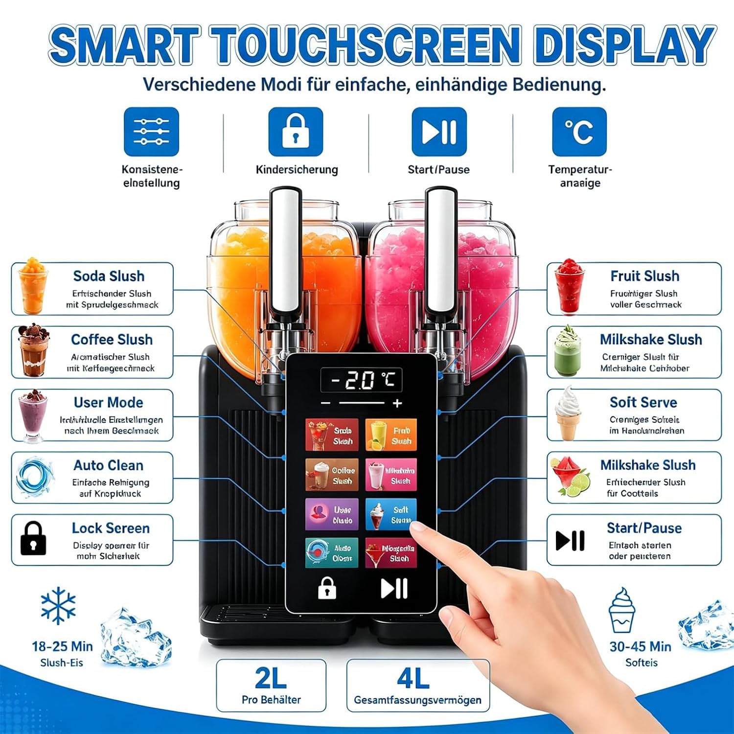 Granizadora 430 W de Doble Depósito 2 x 2 L para Helado Suave Black | Ofrece 7 modos automáticos, textura regulable y pantalla táctil HD con pausa, inicio y bloqueo infantil