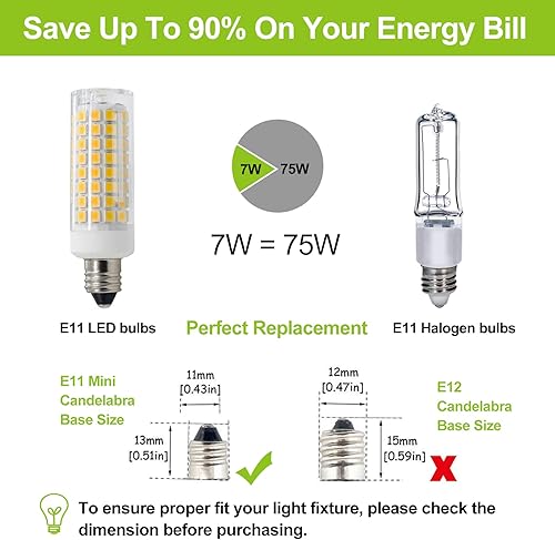 Miniatura 4 de Paquete de 5 bombillas LED E11 7 W 75 W equivalentes a halógenos, regulable E11 Mini base de candelabro blanco cálido JD T3 T4 bombilla de maíz para