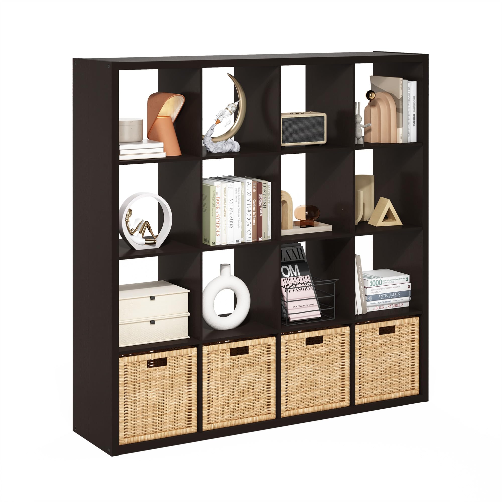 Photo 1 of Furinno Cubicle Book Shelf, 16-Cube Bookshelf, Extra Thick Frame Reversible Bookcase with Open Back, 14.6" x 58" x 58", for Living Room, Bedroom, Home Office, Black Dark Oak