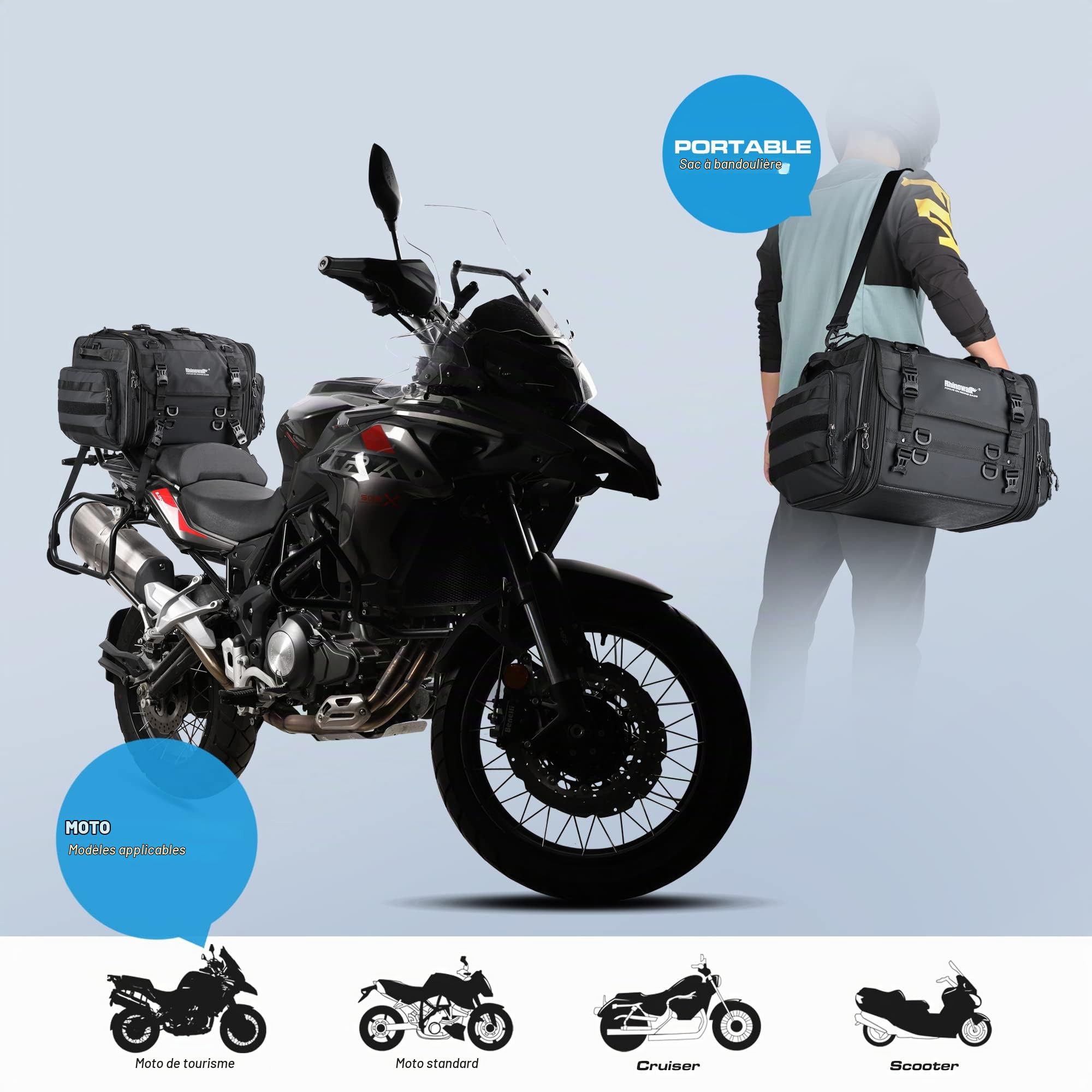 Rhinowalk Sacoche arrière de moto, grande sacoche de selle étanche extensible pour les randonnées à moto, sac de voyage Powersports résistant, noir (40 L ~ 60 l)