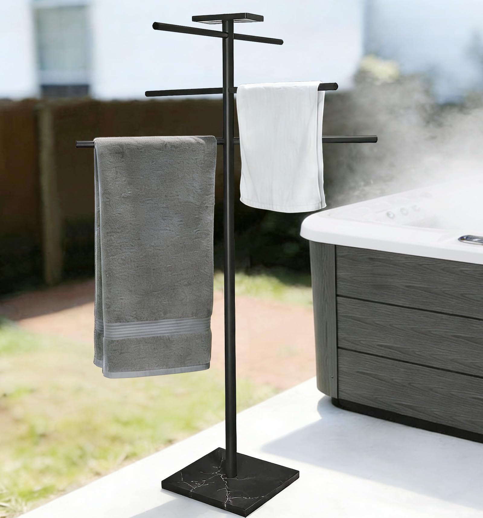 EADOT Hot Tub Towel Rack with Tray, 304 Stainless Steel 6 Arms Freestanding Swimming Pool Towel Holder,Black Marble Base Outdoor Bath Sheet Drying Bar