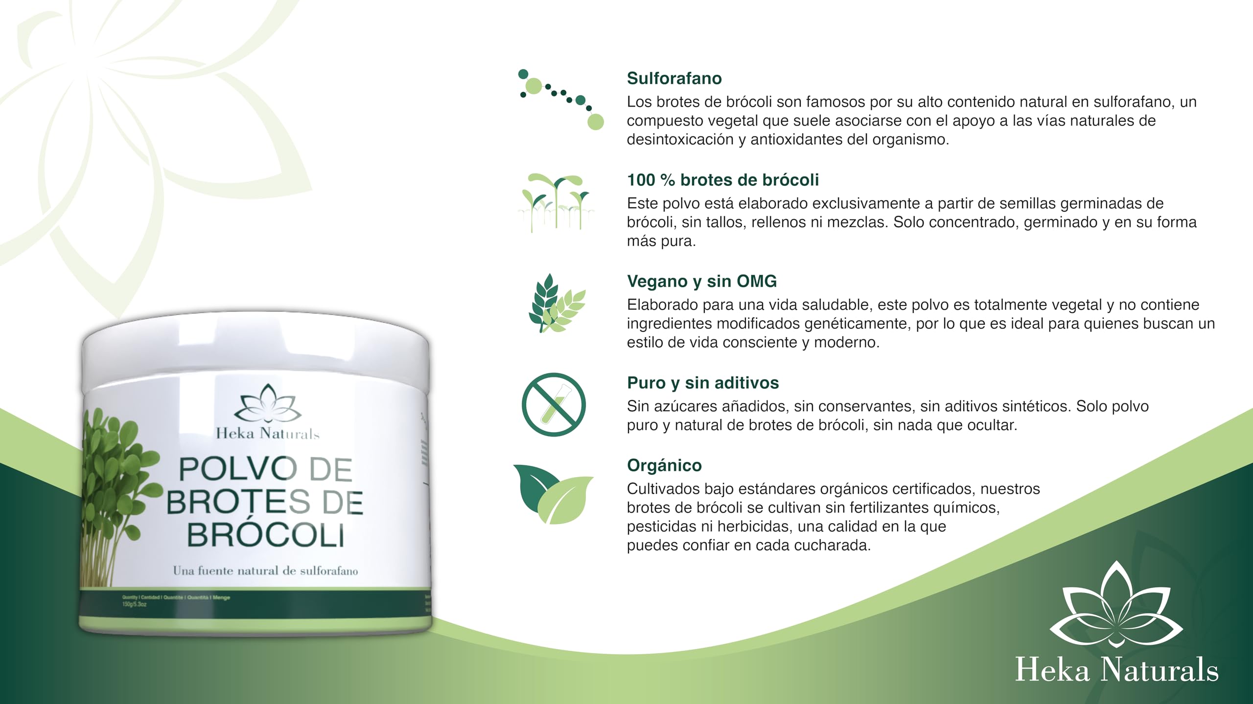 Heka Naturals Polvo de Brotes de Brócoli Orgánico - Superalimento 100% Puro de Semillas Germinadas - Rico en Sulforafano, Vegano, Sin OGM ni Aditivos - 150g