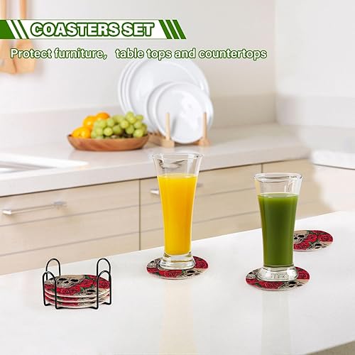 Miniatura 7 de Skulls Red Roses Coasters for Drinks Set of 6 Woven Drink Coasters with Holder for Living Room Bar Table Office Home Decor