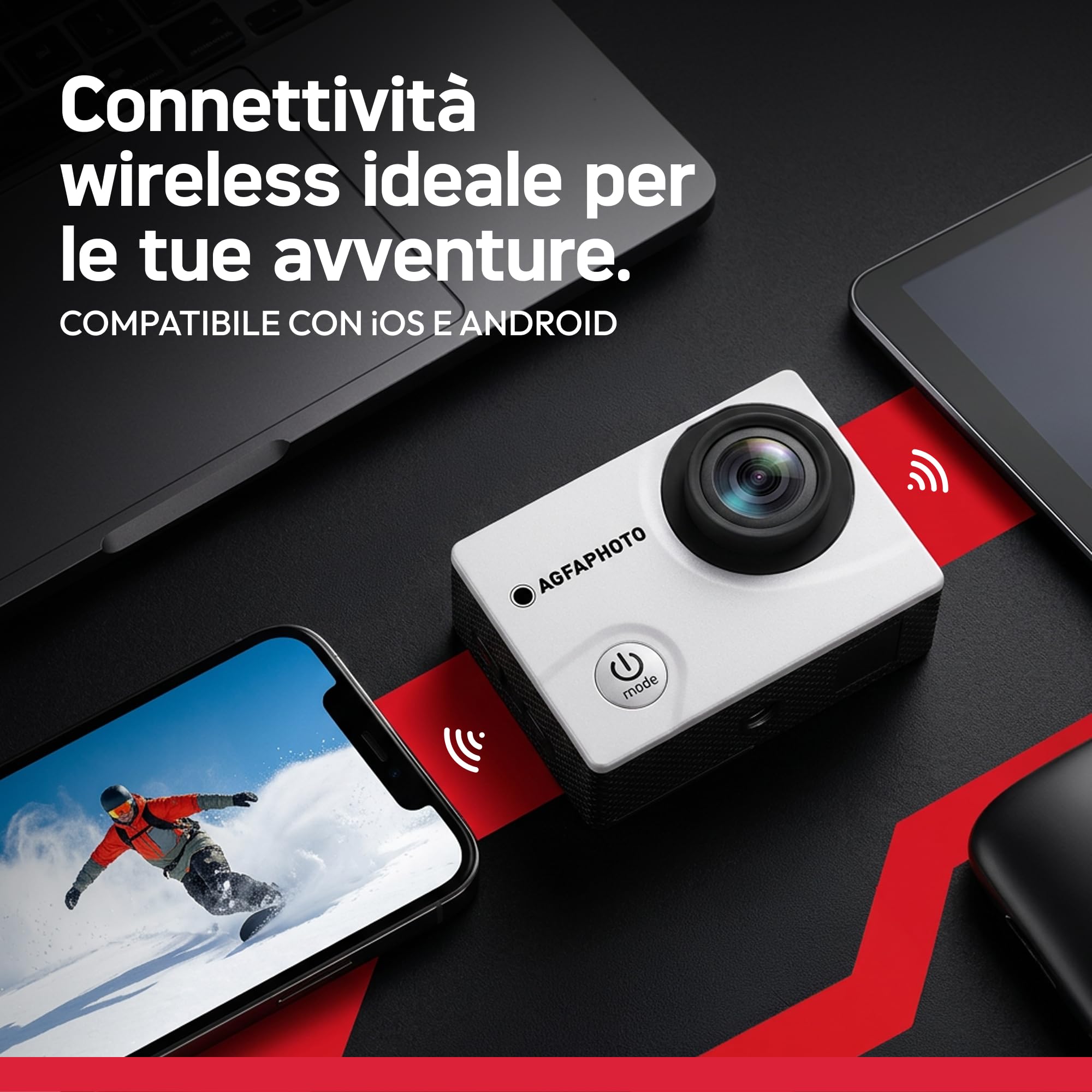 AGFAPHOTO - Action Camera - AC5000 - True 720P 30FPS, Grandangolo 110°, Custodia Impermeabile 30m - WiFi - 12 Accessori Inclusi