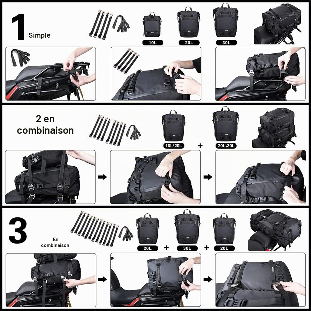 ENJOHOS Sacoche Moto Selle Arriere 10/20/30L Sac a Dos Moto Multifonctionnel Sac de Selle Motos Etanche Léger Bagagerie Sacoche Reservoir Motos Voyage Modulaire pour Porte Bagages Arrière, Noir-20L