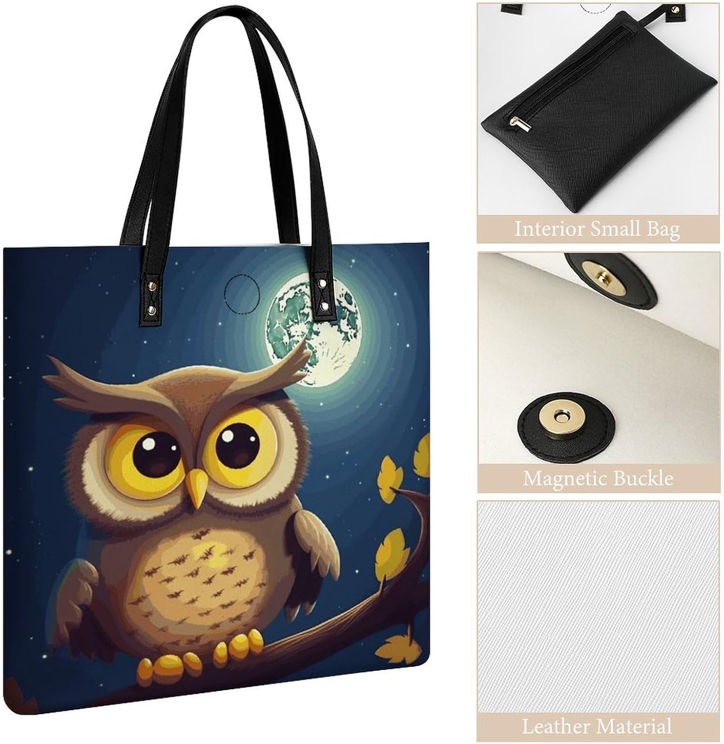 Owl And Yellow Moon Tote Bag with Magnetic Buckle Reusable Grocery Bags Lightweight Cross Body Handbag for Daily Essentials