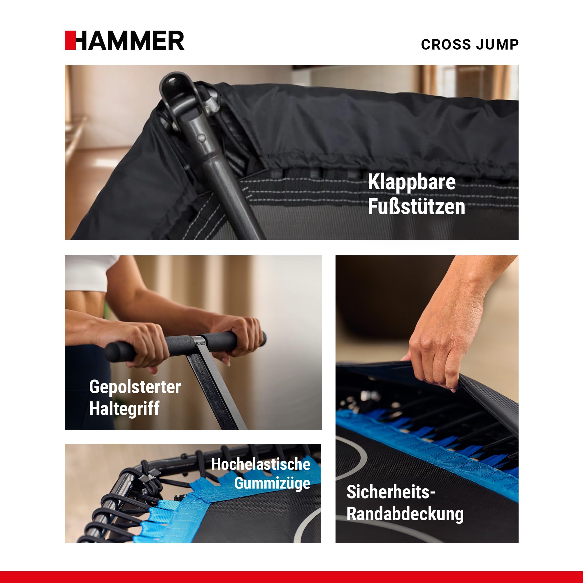 HAMMER Fitness-Trampolin Cross Jump, 98 cm Sprungfläche, patentierte Technik, mehrfach höhenverstellbarer Haltegriff, leistungsstark bis 130 kg Benutzergewicht