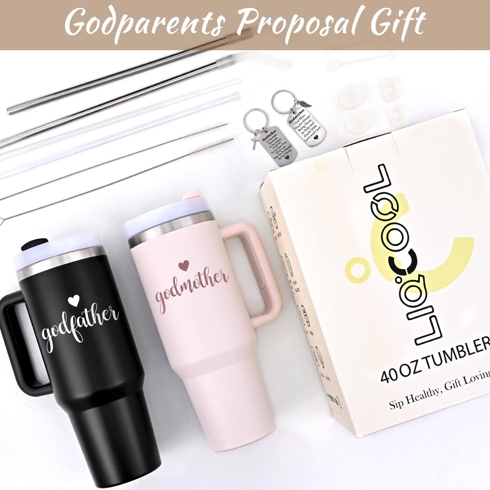 LiqCool Godparents Proposal Gift, 40 Oz Godmother and Godfather Set of 2 Tumblers, Godparents Christening Gifts Ideas from Godchild, Best Christmas Birthday Gifts for Godparents(Black & Pink)