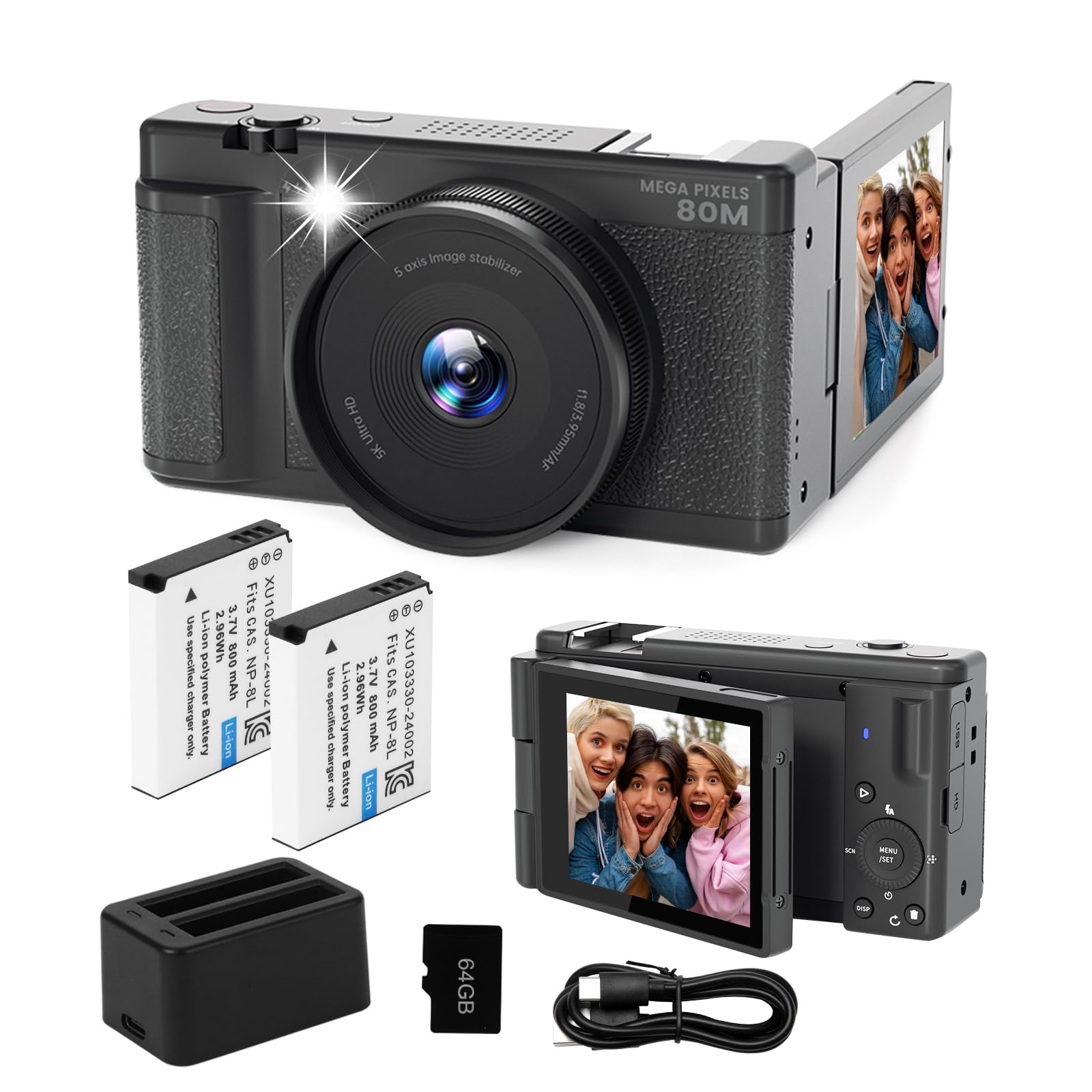 5K UHD Digital Camera for Photography, 80MP Point & Shoot Vlog Camera, 3" 270 Flip Screen, Dual Lens, 18x Optical Zoom, Black-image-27