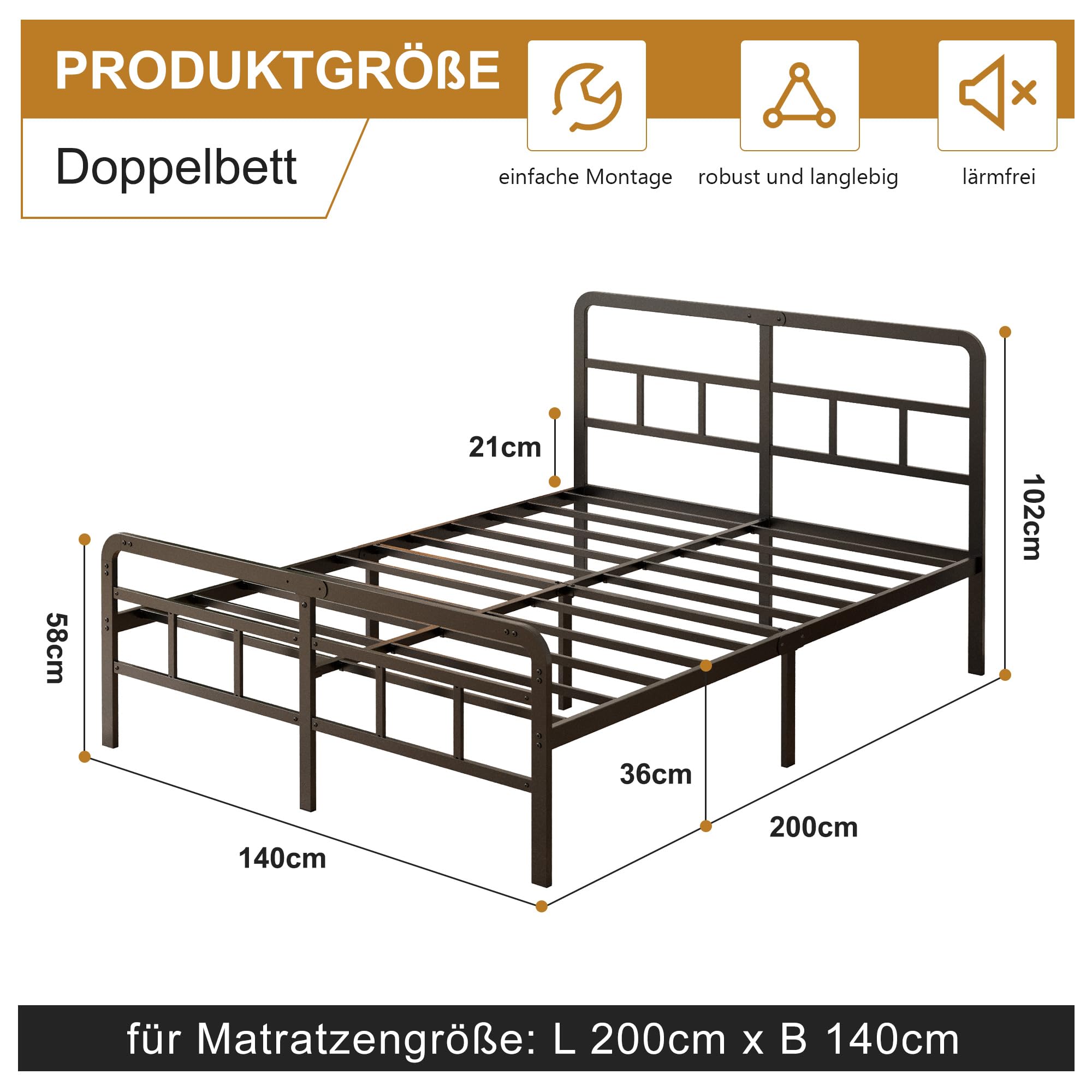 Yicensen Metallbett 140x200 cm mit Gebogenem Kopf und Fußteil, Bettgestell aus Metall für Doppelbett mit Schweren Metalllatten für Stabilen Halt, Geräuschlos, Einfach zu Montieren, 36cm Hoch, Schwarz