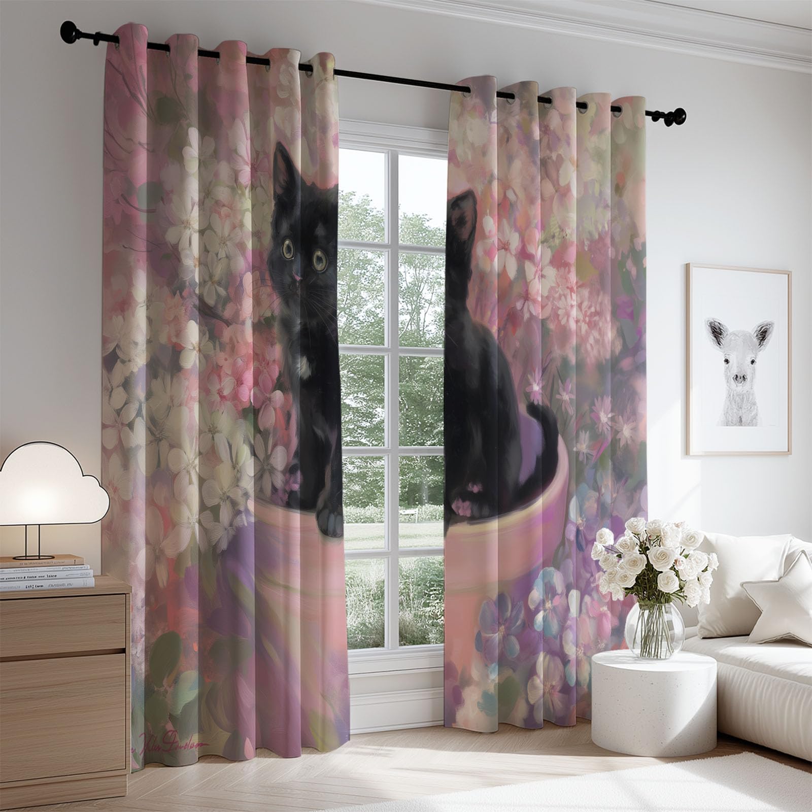Generisch Cortinas térmicas para sala de estar, cortinas opacas japonesas lindas con ojales, diseño de gato y flores, cortinas opacas con aislamiento térmico para dormitorio, 215 x 140 cm (alto x