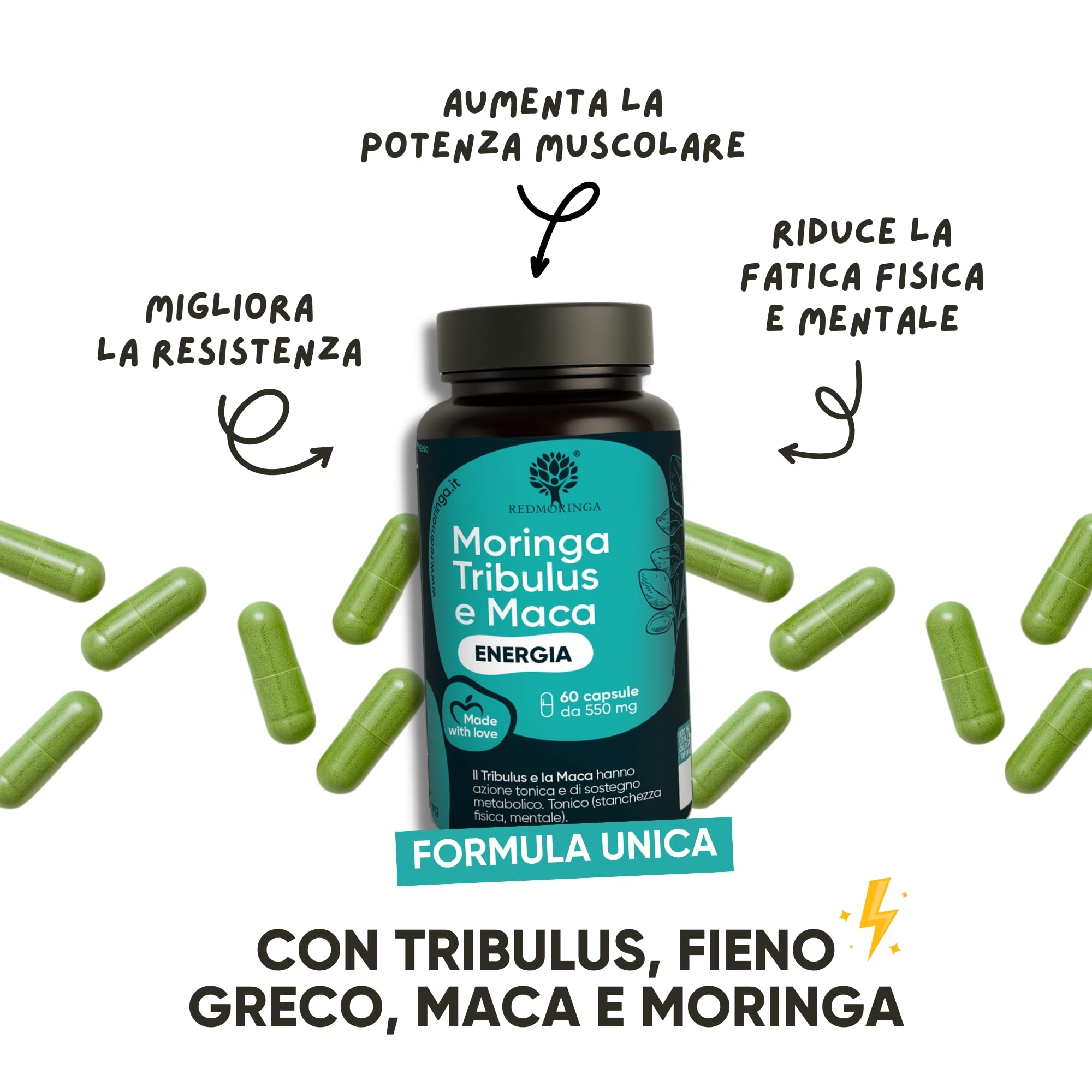 Tribulus Terrestris 90% Saponine Steroidee Maca Fieno Greco | Integratore Energia Booster Moringa BIO | Sostegno Massa Muscolare | Tribulus Alto Dosaggio | 100% Naturale | RedMoringa® (60 Capsule)