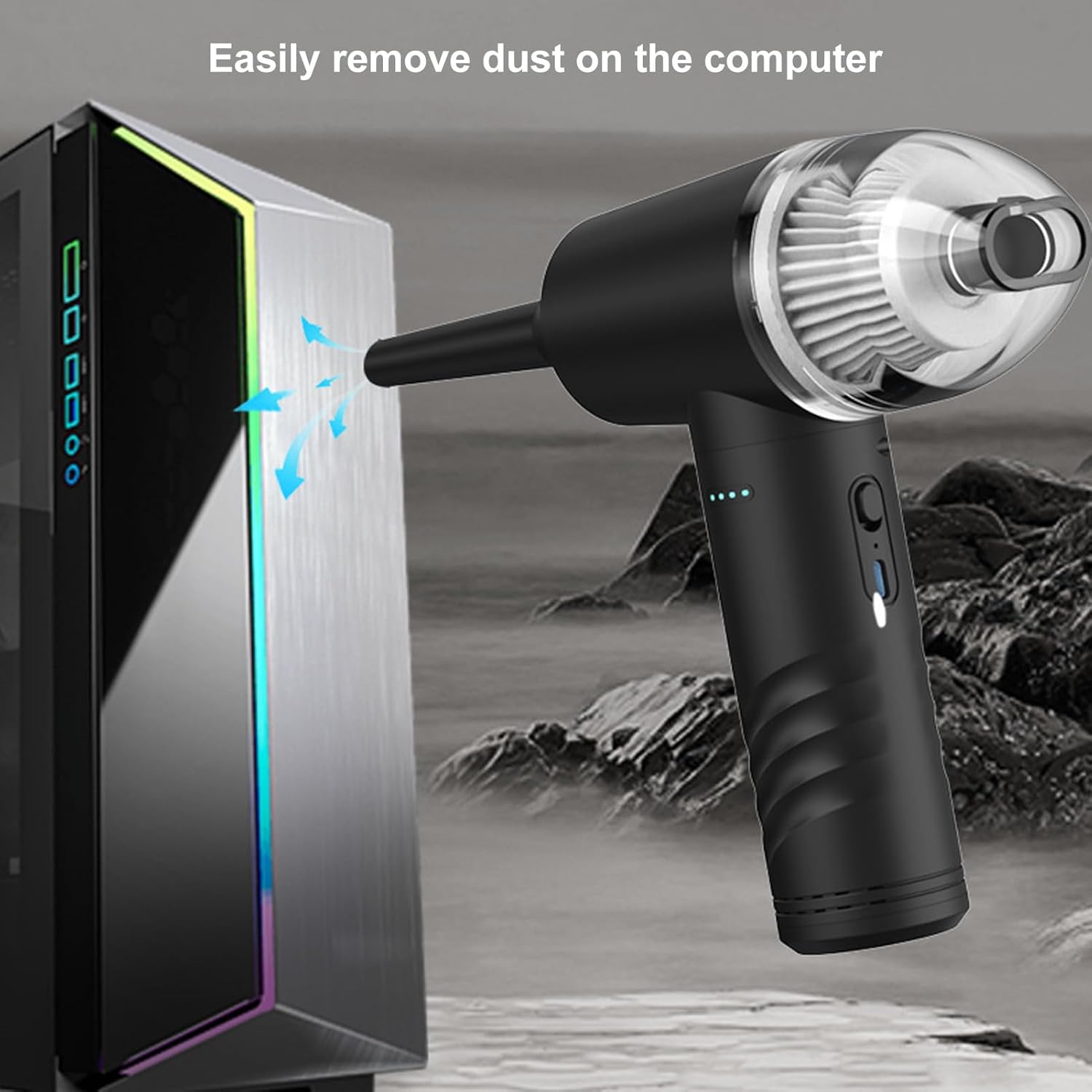 Cuifati Air Duster cleaning dust from a computer tower